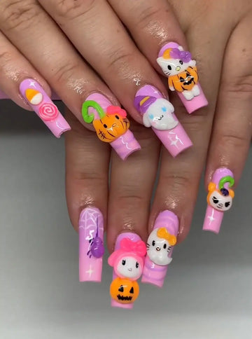 3D Kawaii Kitty Halloween Theme Press on Nails - Hand-painted Pink Fake Fingernails