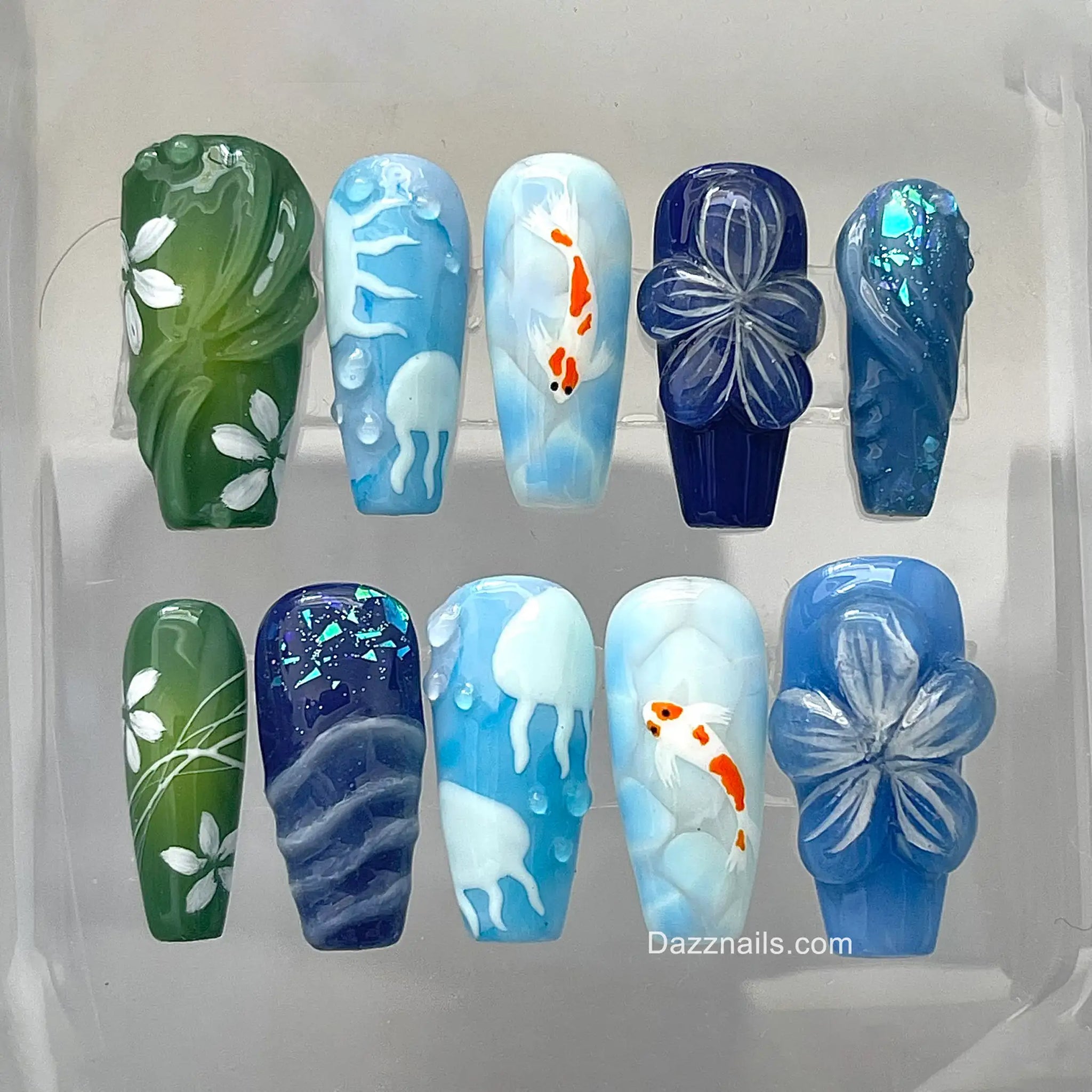 3D Sea Creatures Handmade Fake Nails - Ocean Inspired Design