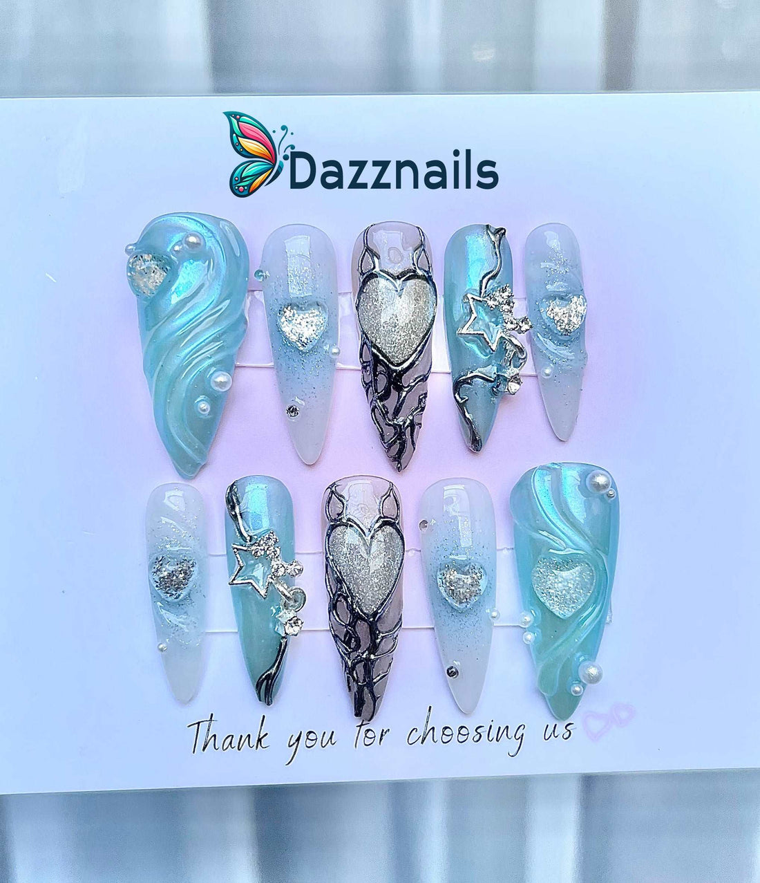 3D Free Style Mermaid Gel Blue Press On Nails - Handmade Custom Elegant Design