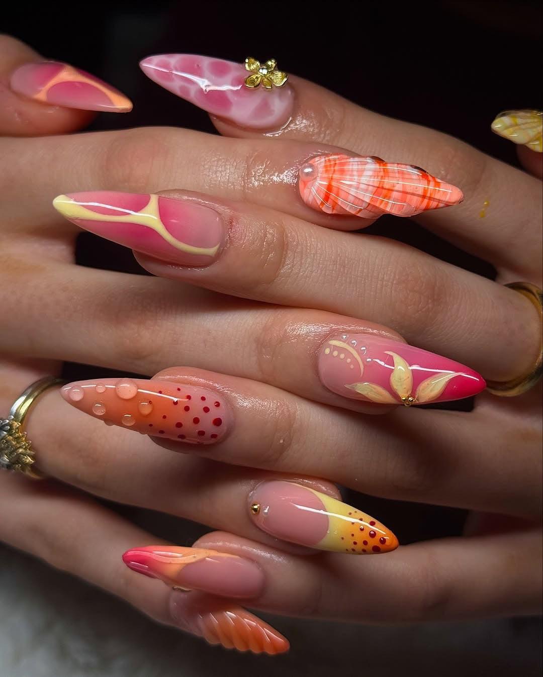 Handmade Vibrant Orange Floral Shell Nail Art Press on Nails N45
