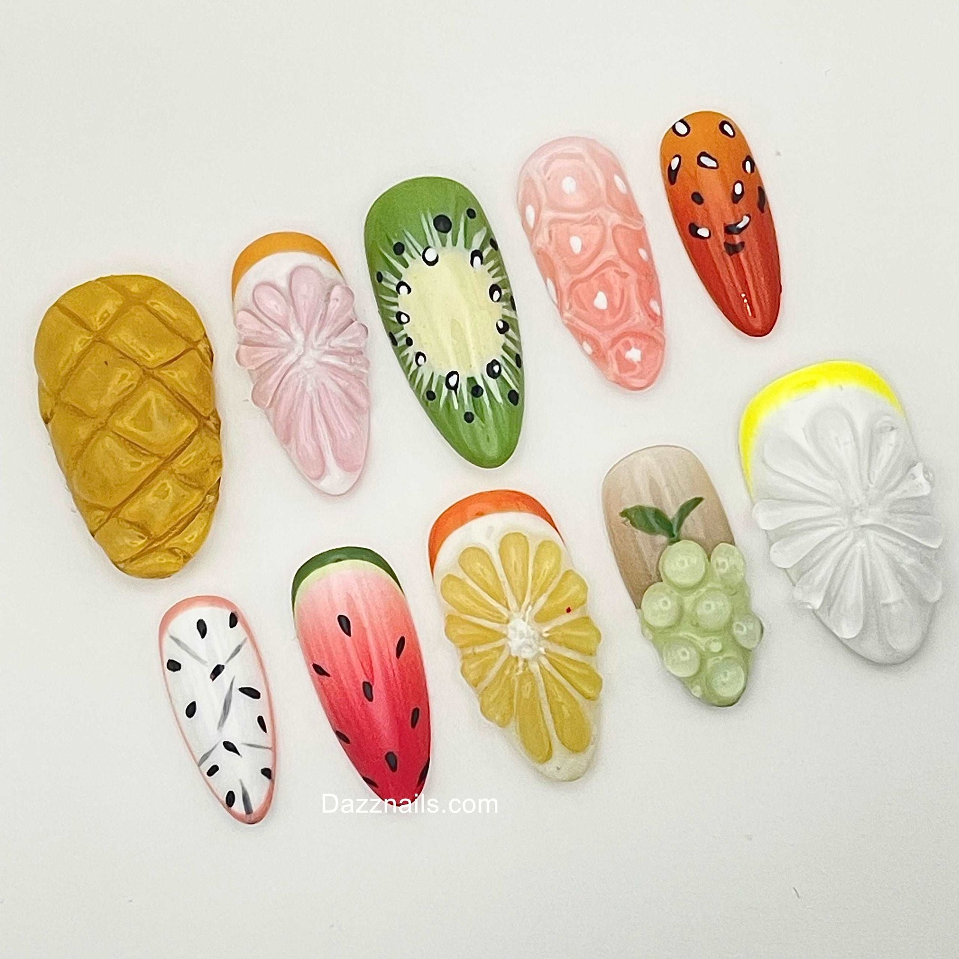 Fruit Colorful Summer Press on Nails -  Handmade Almond Cute Design