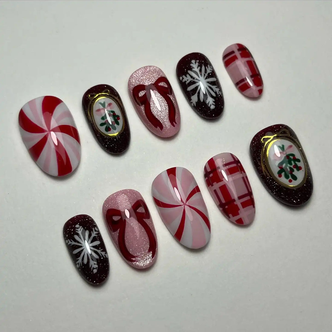 Handmade Candy Cane Snowflake Red Bow Holiday Art Christmas Press on Nails A64