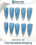 Handmade Blue Water Press on Nails - Beautiful Ocean Glittering Party Design.