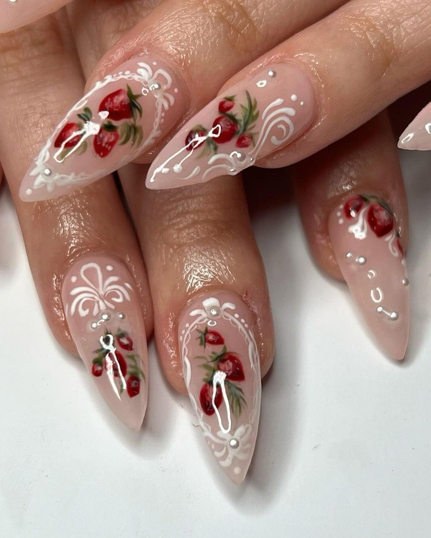 Vintage Cherry Lace Nails – Hand-Painted Red Fruit Press-On Set