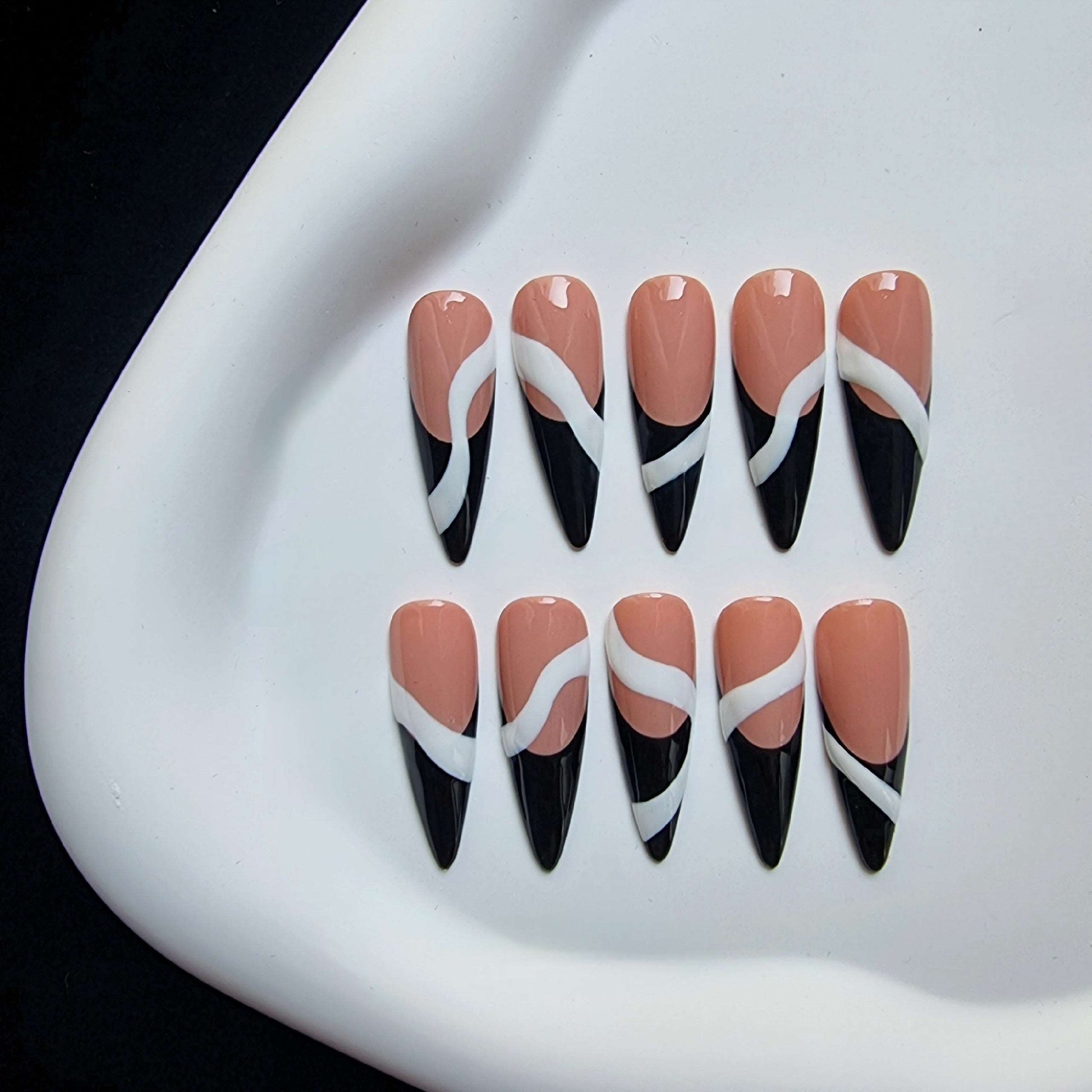 Handmade Pink & Black Press on Nails - White Pattern Beautiful Trendy Design.