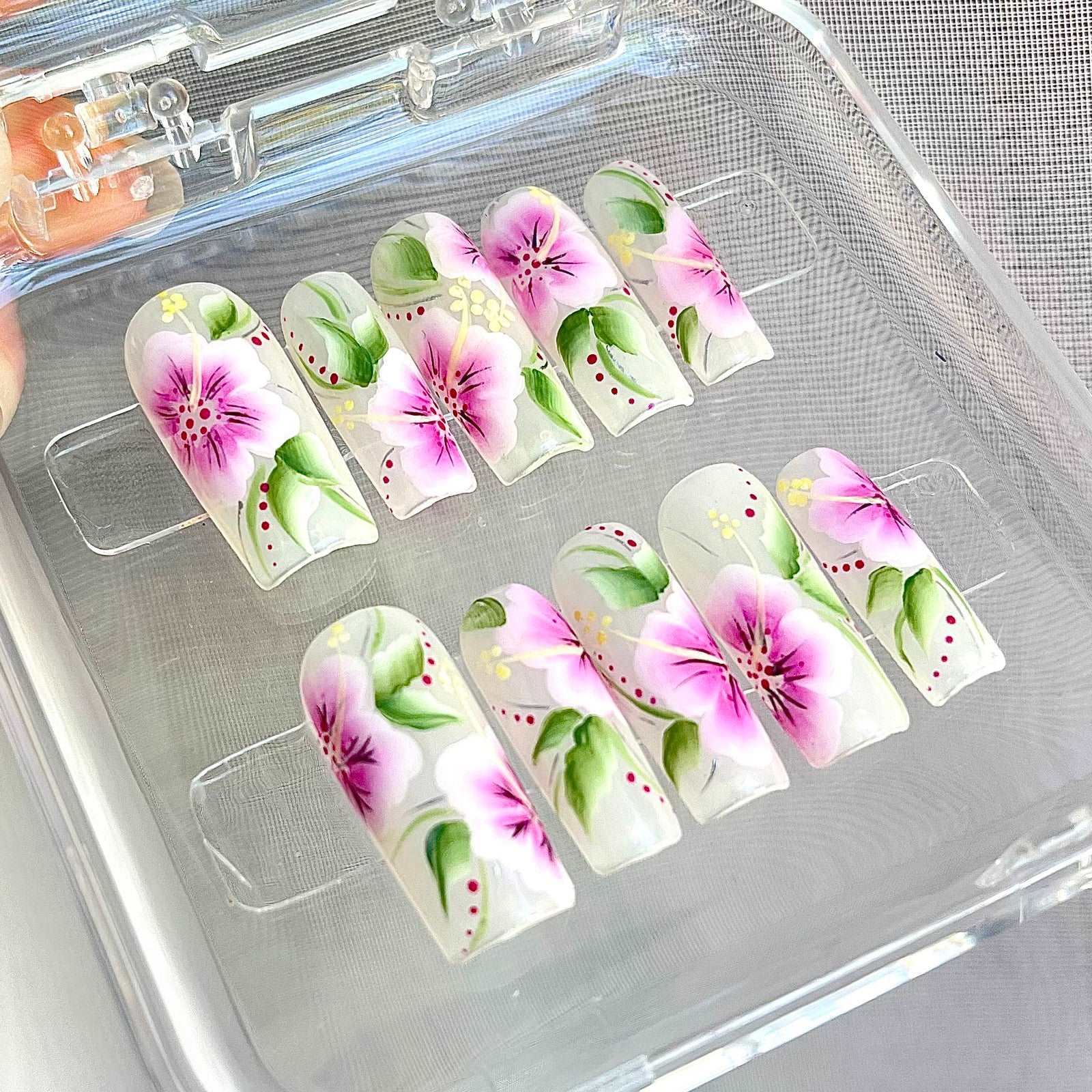 Flowers Press on Nails - Reusable Pink & Green Design