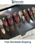 Handmade Spring Spider Lily Press On Nails - Elegant Red & Black Design.