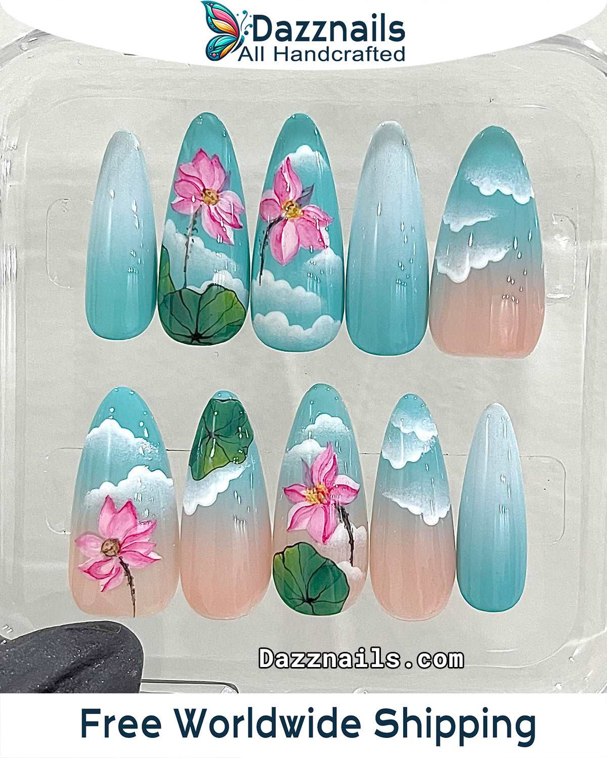 Handmade Spring Lotus Press On Nails - Cloud Blue & White Design.