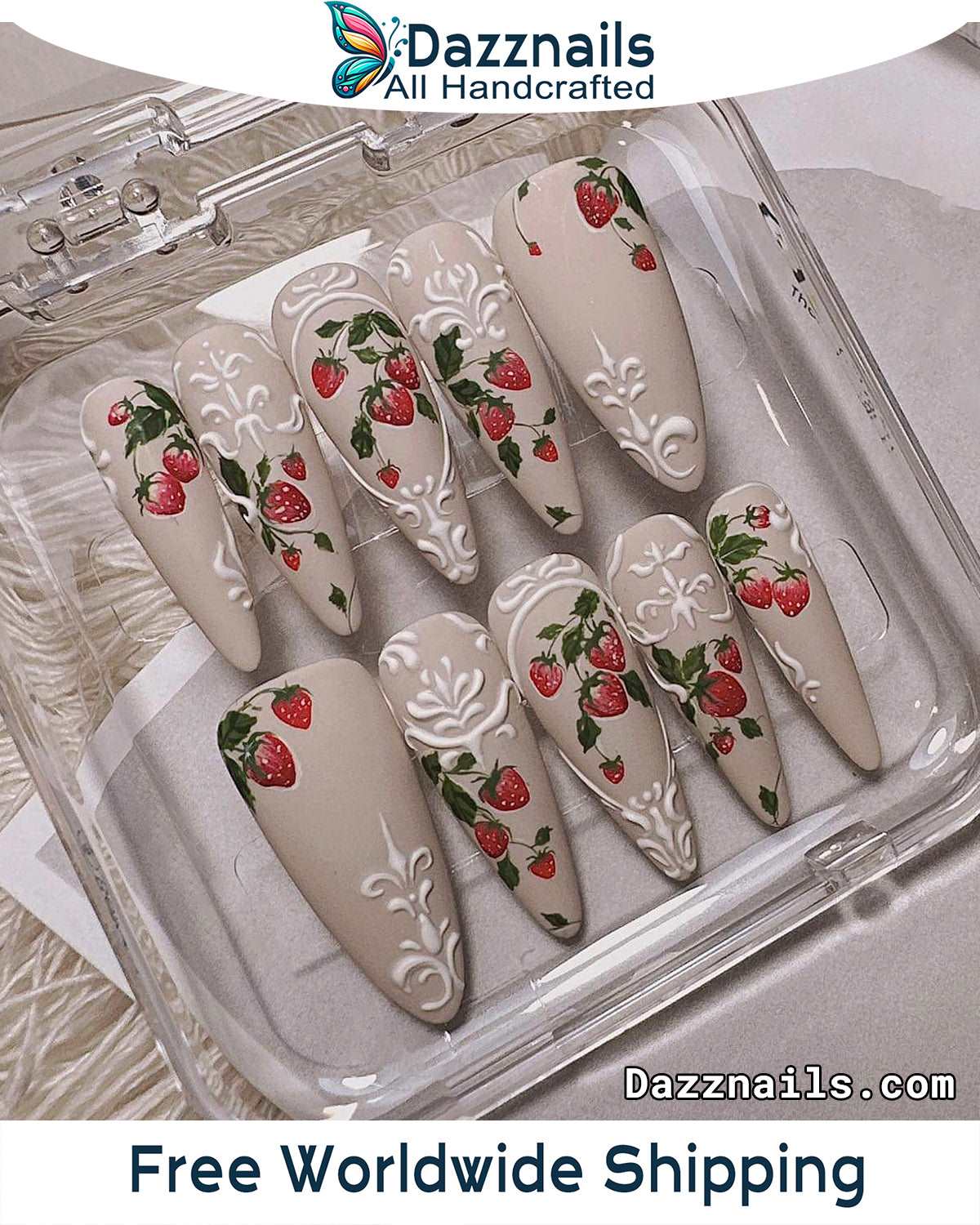 Handmade Strawberry Press On Nails - Beautiful Red & Green Fruit Design.