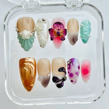 Handmade Purple Orchid Press on Nails - Custom Reusable Floral Design