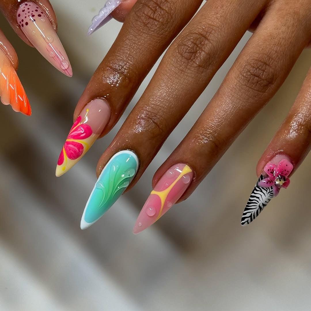 ハンドメイド プレスオンネイル カラフル Handmade Vibrant Artistic Multicolor 3D Floral Sea-Inspired Press