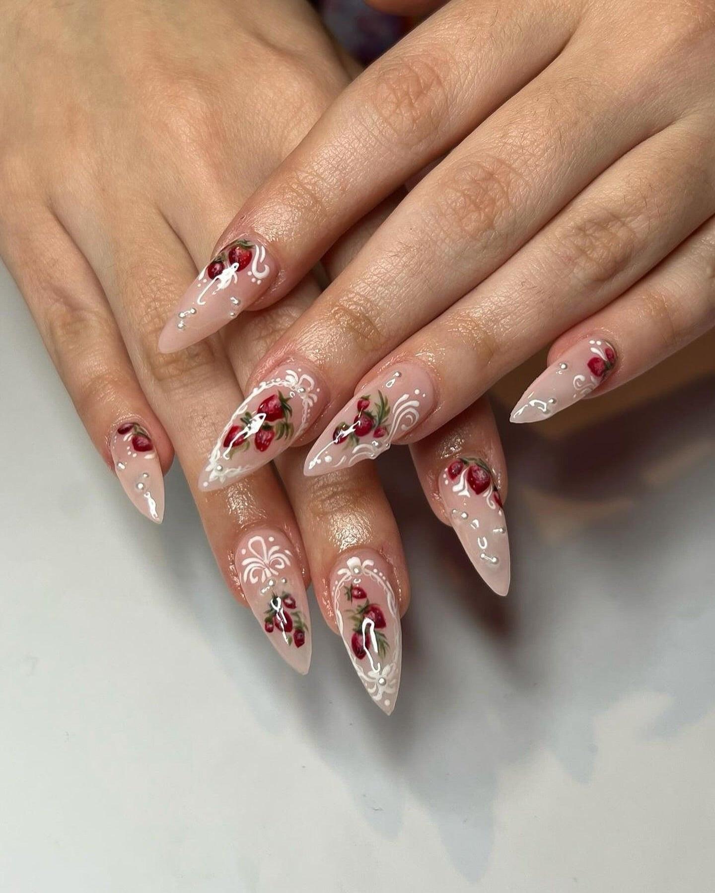 Vintage Cherry Lace Nails – Hand-Painted Red Fruit Press-On Set