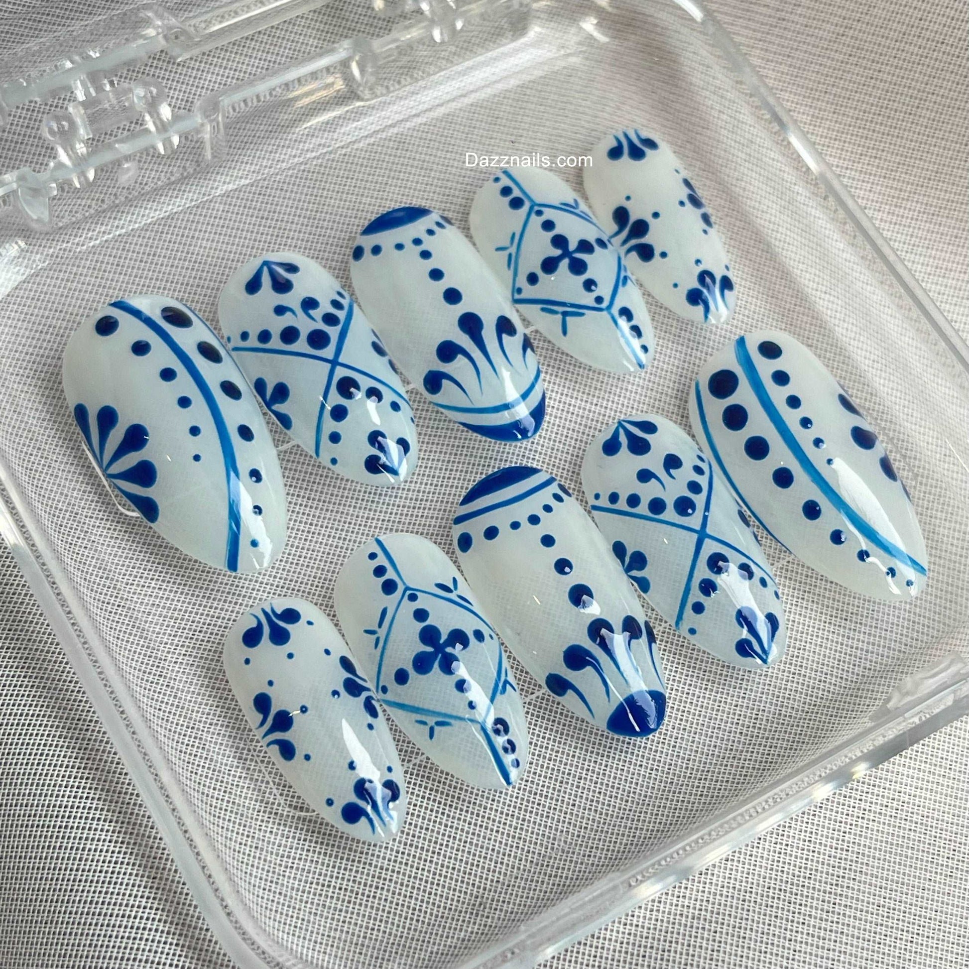 Porcelain Talavera Blue Tiles Fake Nails - Elegant Almond Design