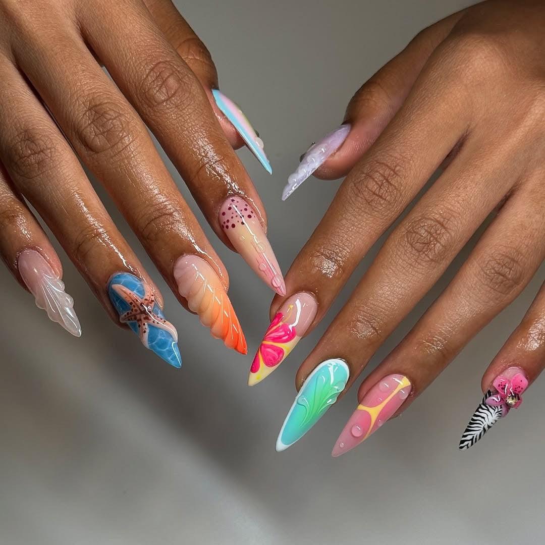 ハンドメイド プレスオンネイル カラフル Handmade Vibrant Artistic Multicolor 3D Floral Sea-Inspired Press