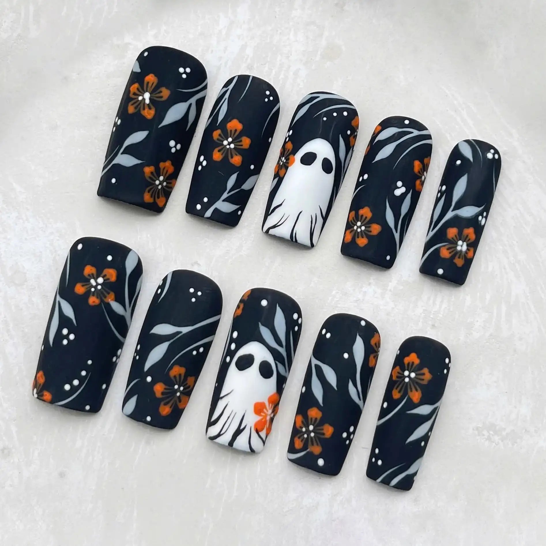Handmade Fall Floral Ghost Dot Black Orange Halloween Press on Nails H60