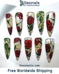 Handmade Flower Rose Press on Nails - Red Spring Elegant Design.