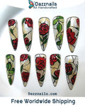Handmade Rose Flower Press on Nails - Floral Red Spring Design.