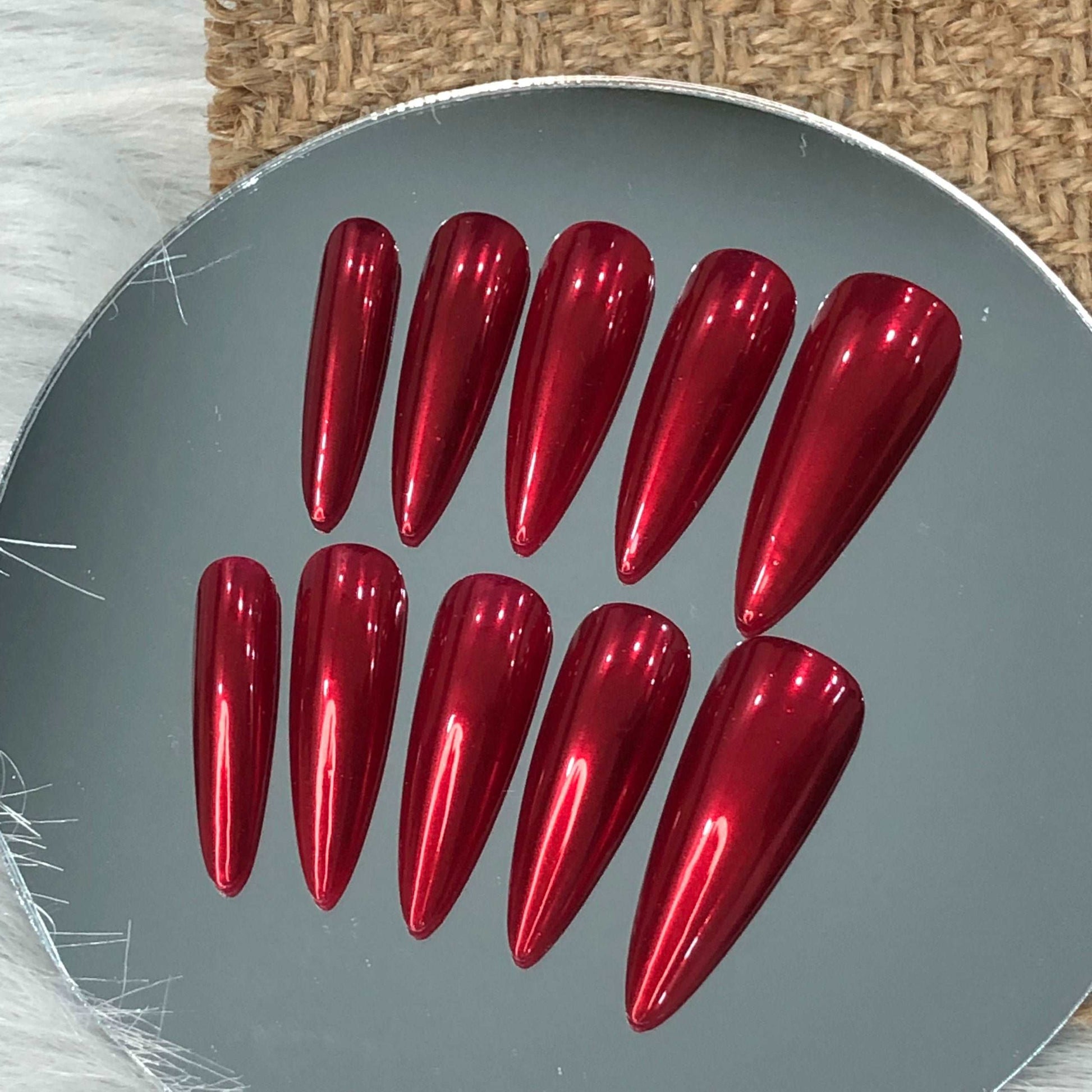 Handmade Red Chrome Press on Nails - Solid Color Beauty Mirror Design.