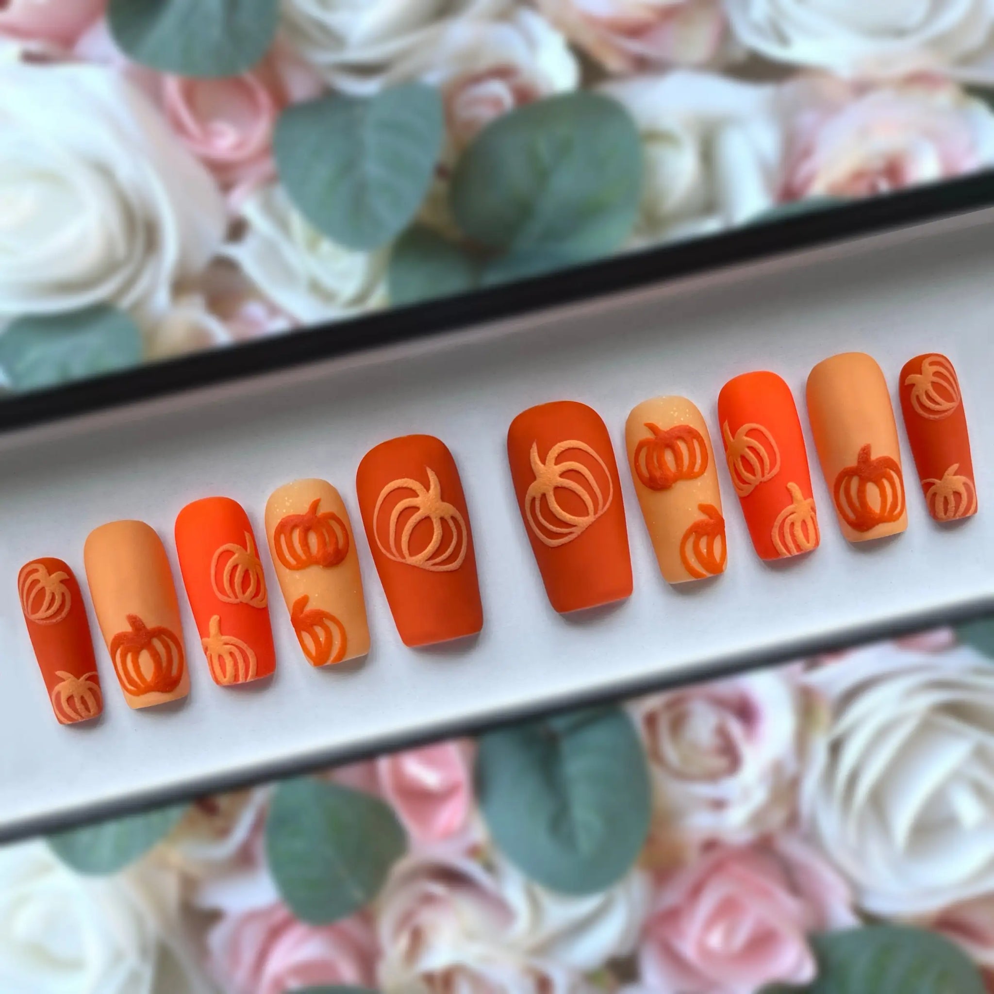 Autumn Orange Pumpkin Halloween Press on Nails - Fall October Fingernails