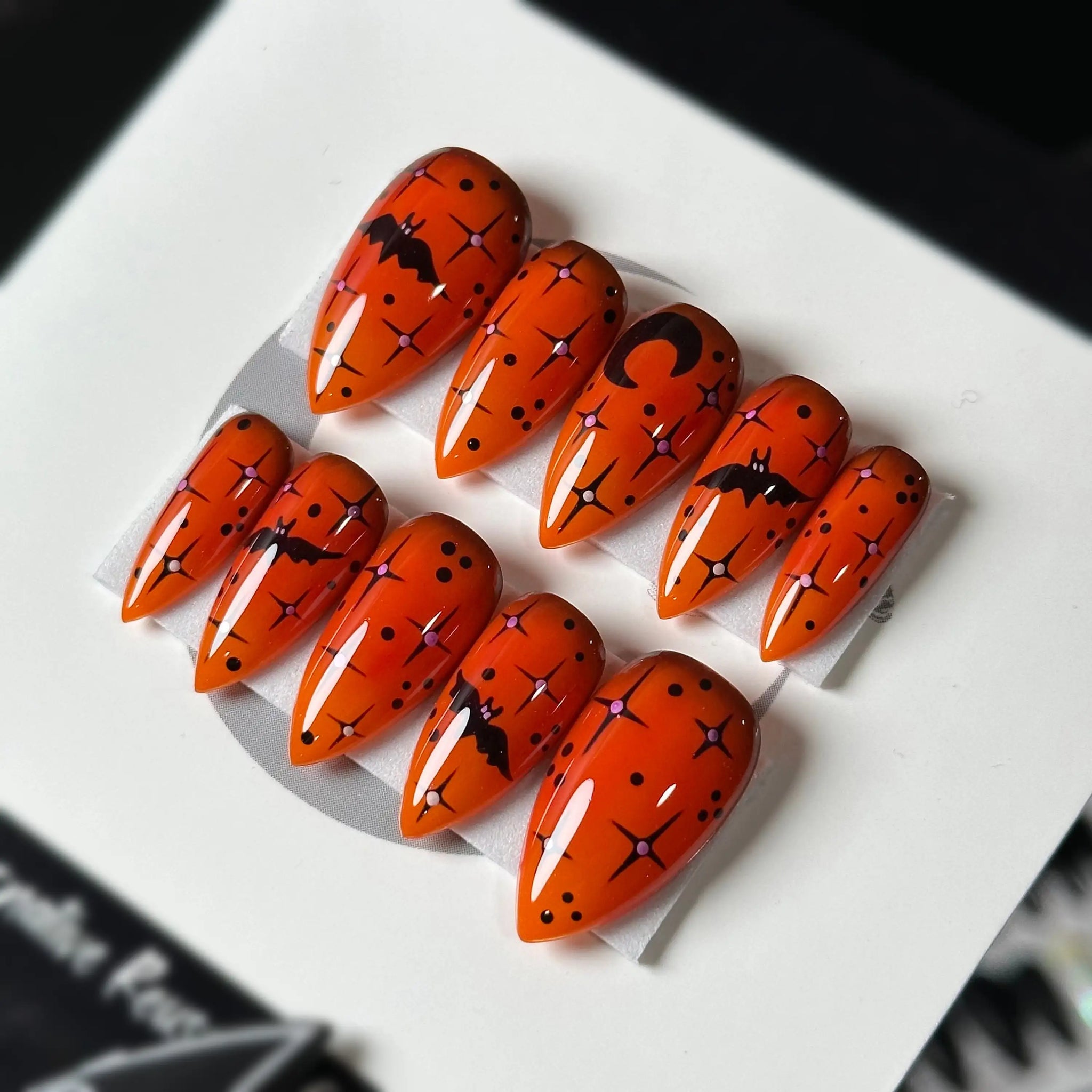 Bat Moon Star Halloween Press on Nails - Orange and Black Fingernails