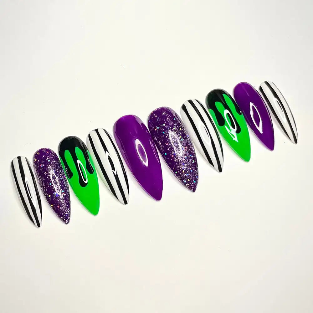 Beetlejuice Halloween Press on Nails - Purple Green Black Glitter Fingernails P39