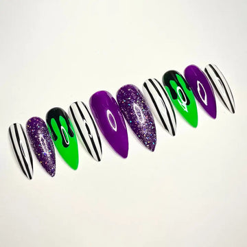 Beetlejuice Halloween Press on Nails - Purple Green Black Glitter Fingernails P39