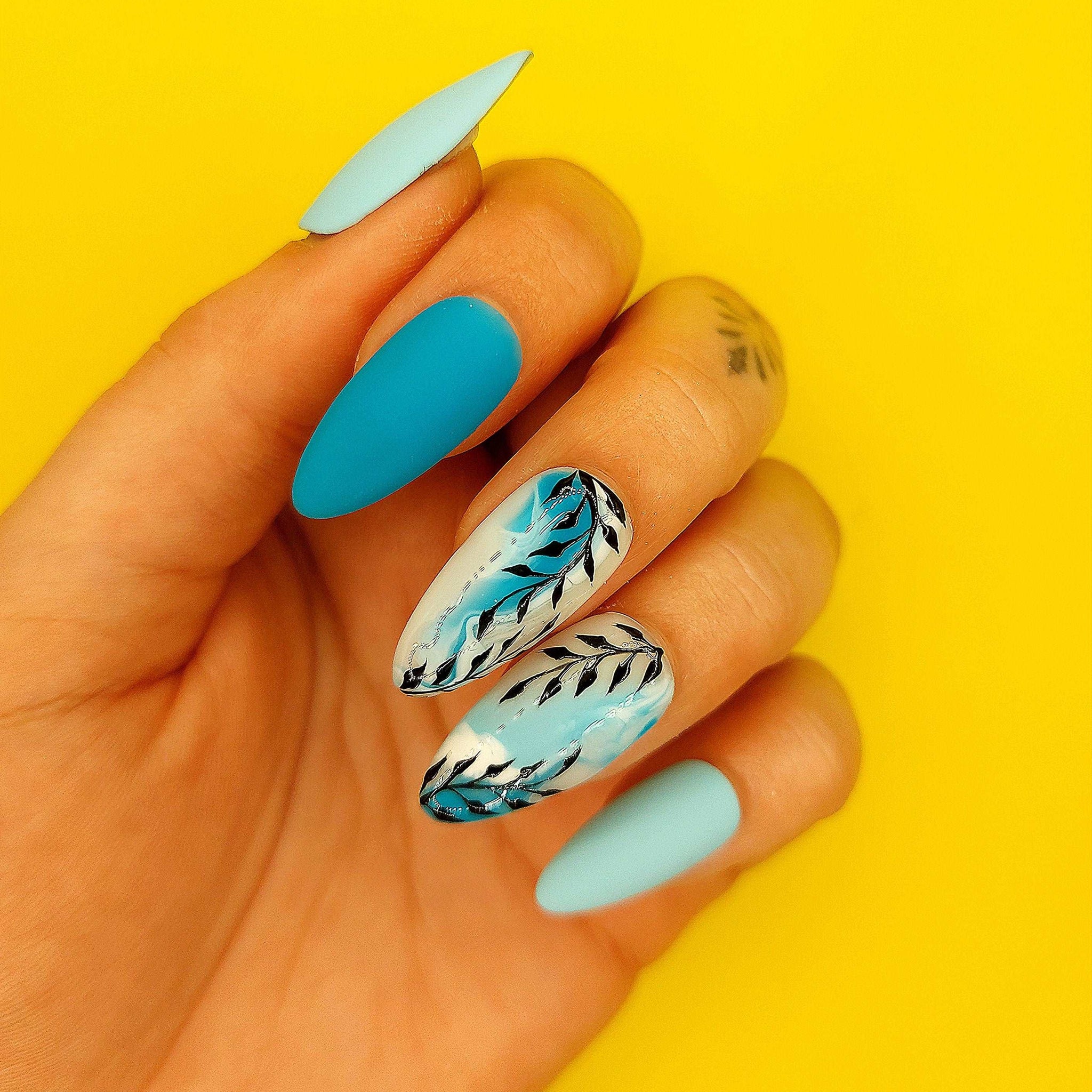 Black Leaves Summer Blue Press on Nails - Handmade Custom Design