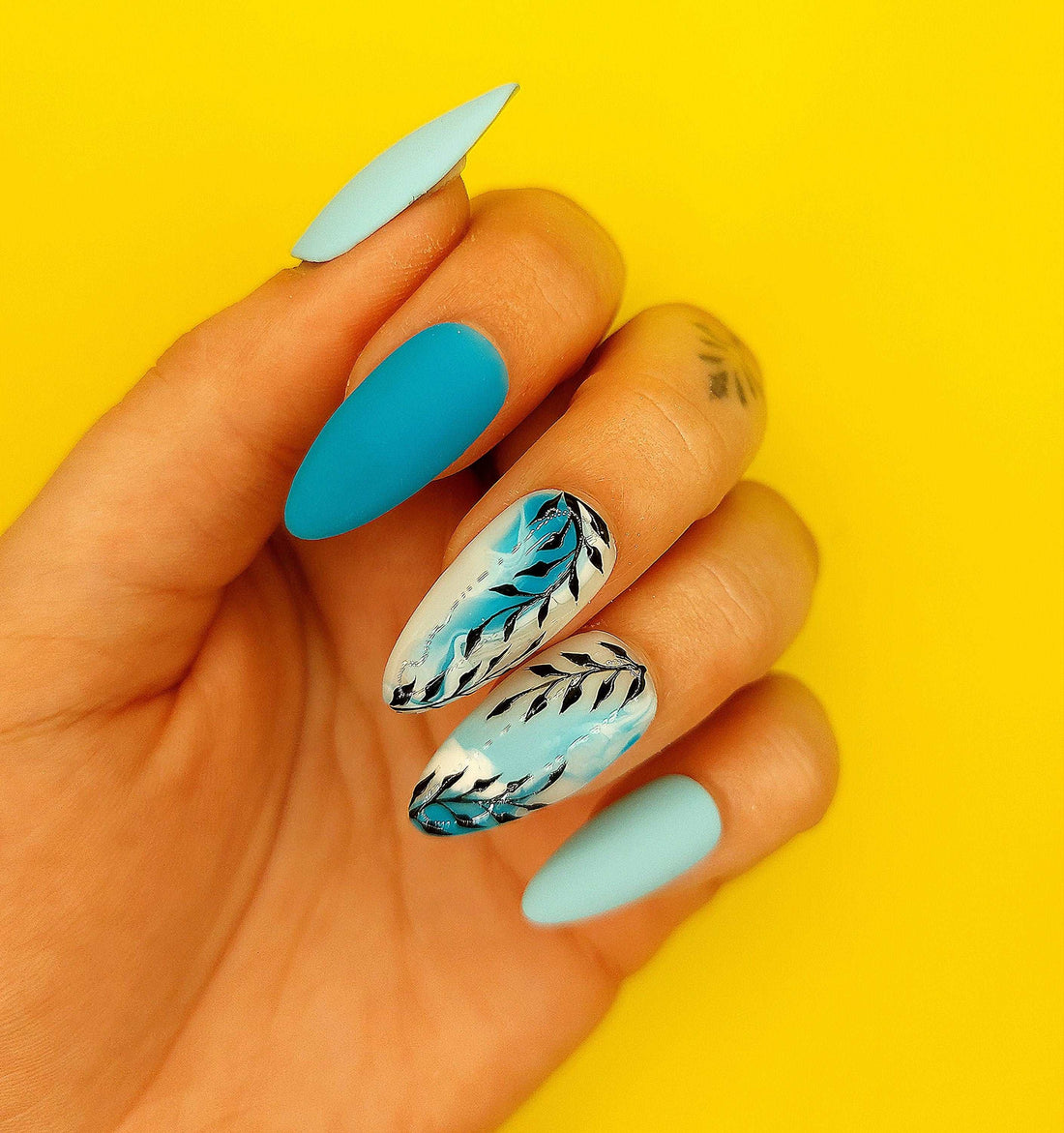 Black Leaves Summer Blue Press on Nails - Handmade Custom Design
