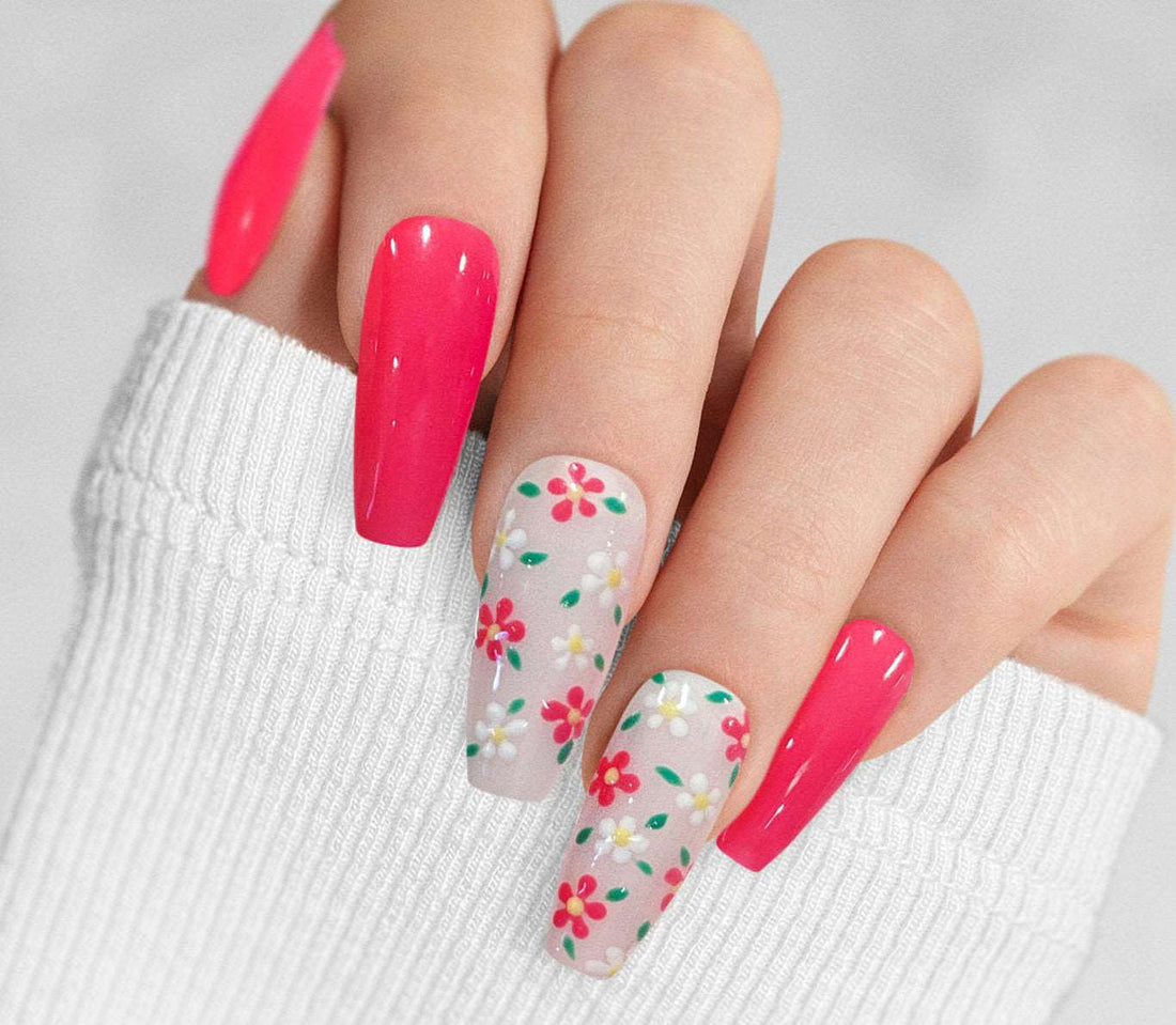 Bright Pink Floral Summer Handmade Press on Nails
