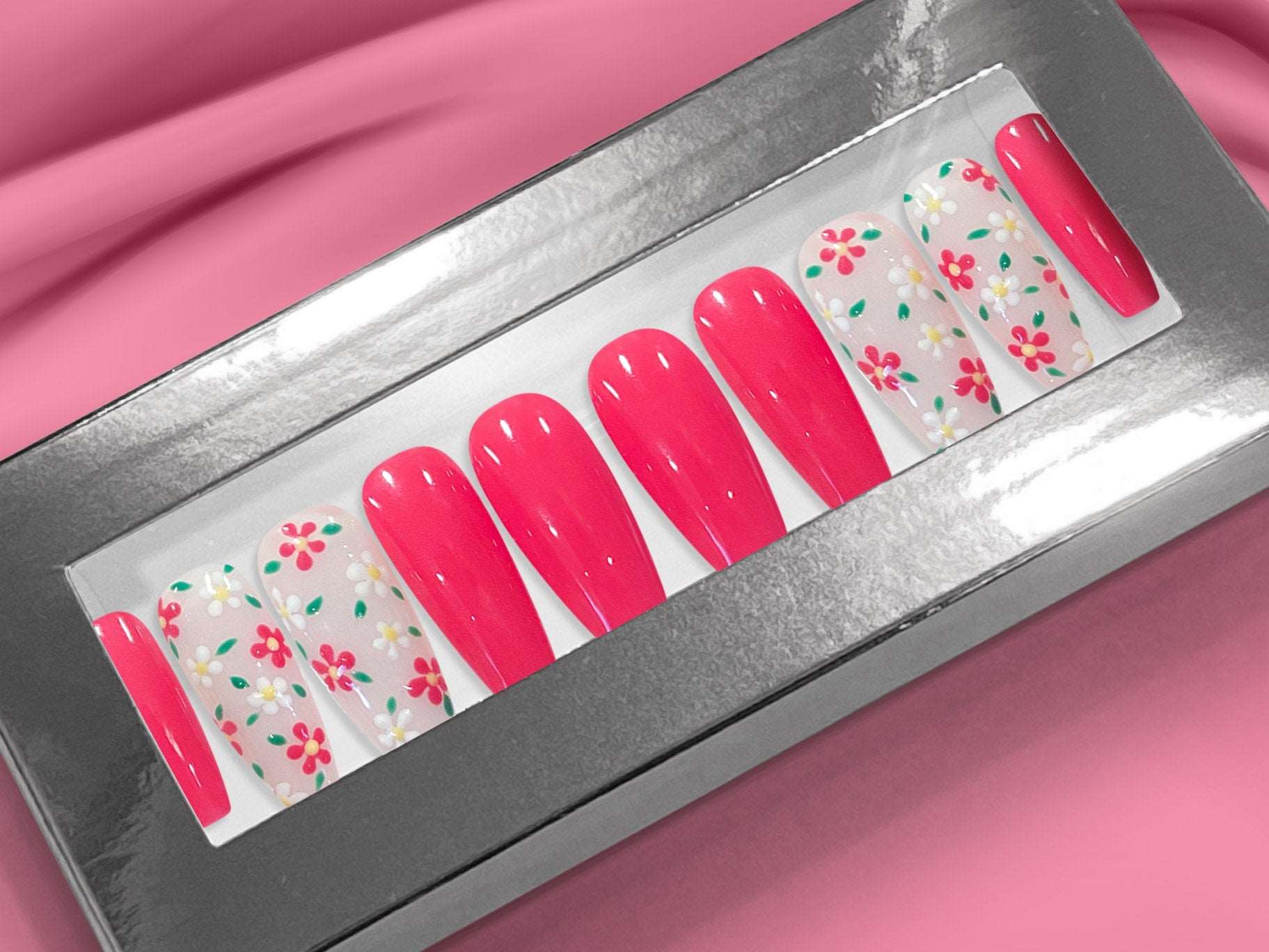 Bright Pink Floral Summer Handmade Press on Nails