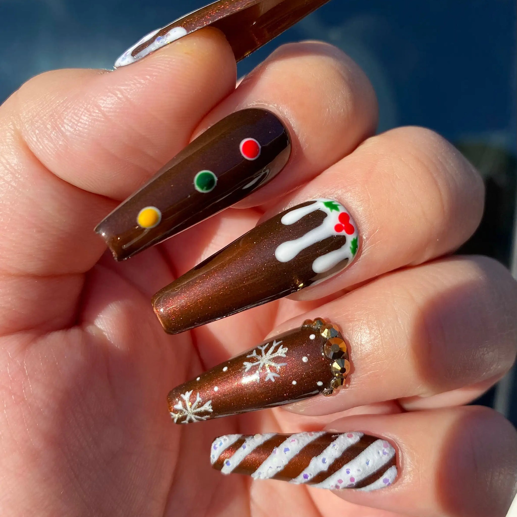 Christmas Gingerbread Nails in Brown - Winter Handmade Fake Fingernails