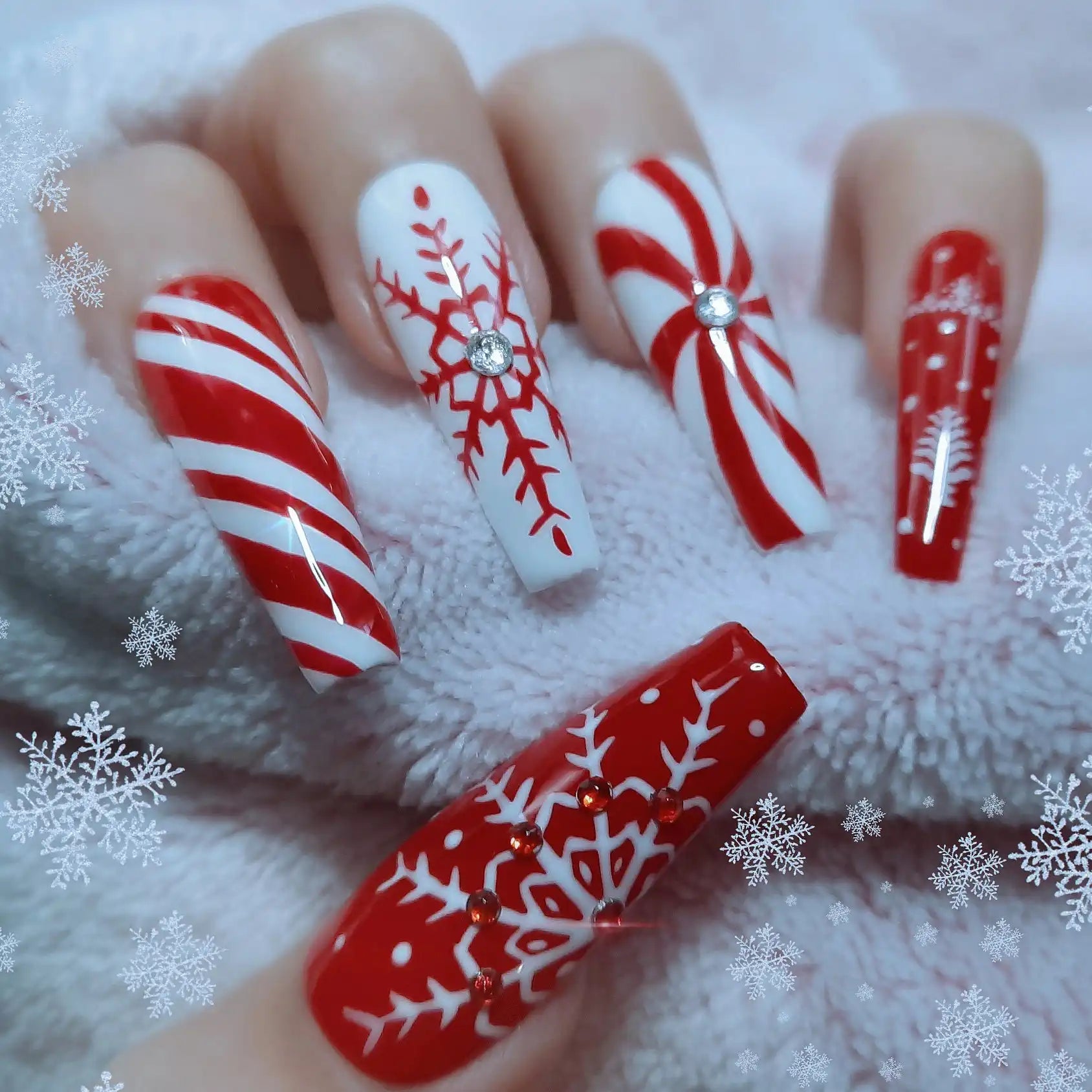 Christmas Snowflake Candy Canes Press on Nails - Handmade Fingernails