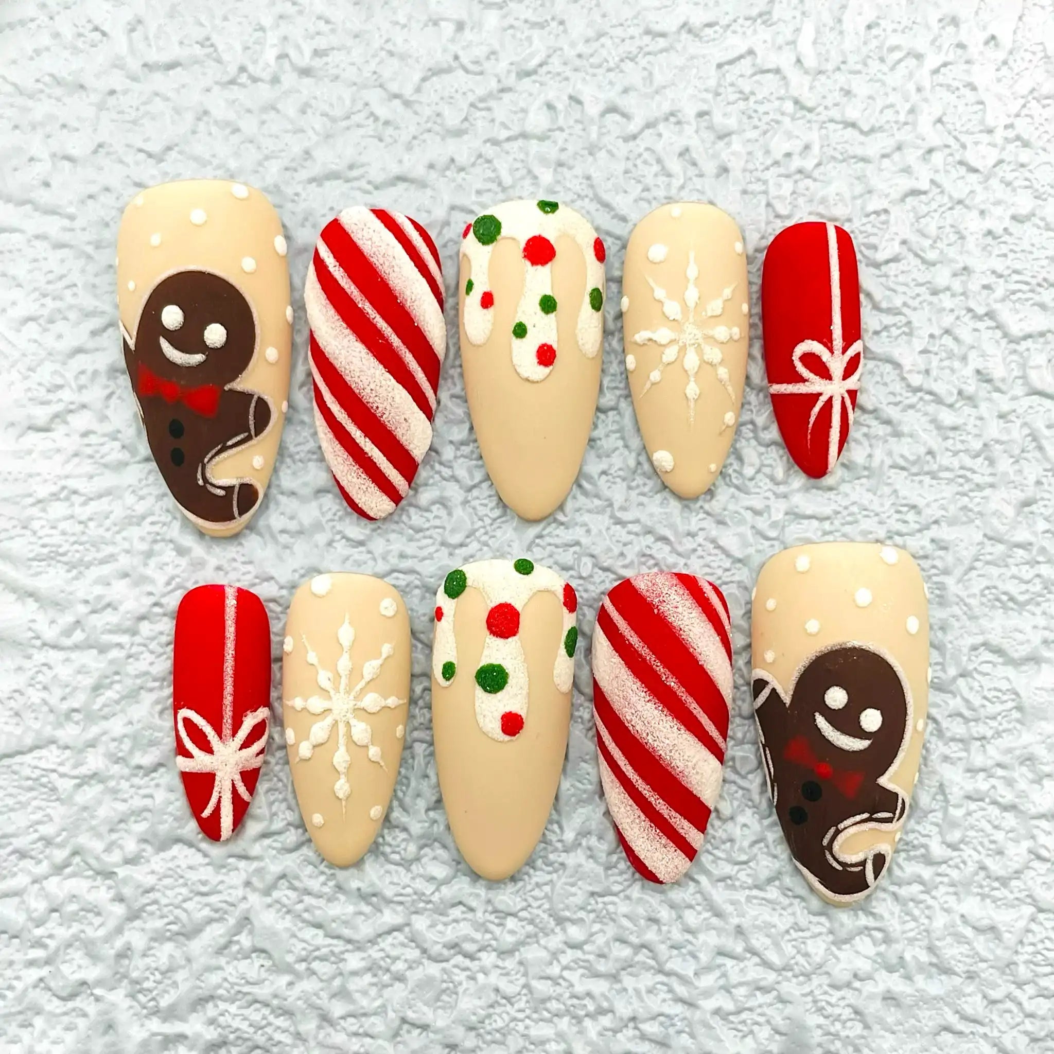 Christmas Snowflake Gingerbread Man Press on Nails - Candy Cane Handmade Fingernails