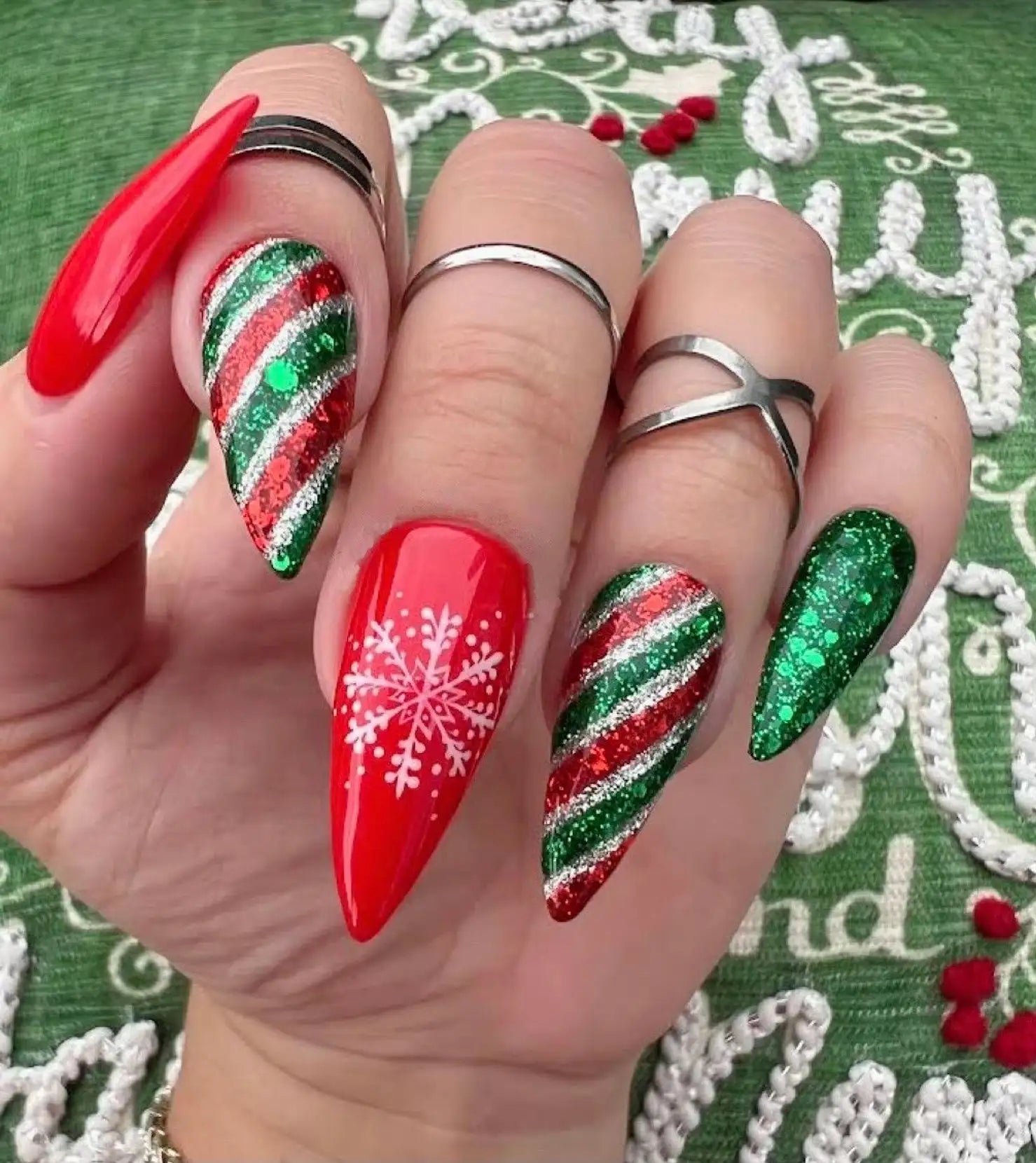 Christmas Snowflake Green and Red Glitter Press On Nails