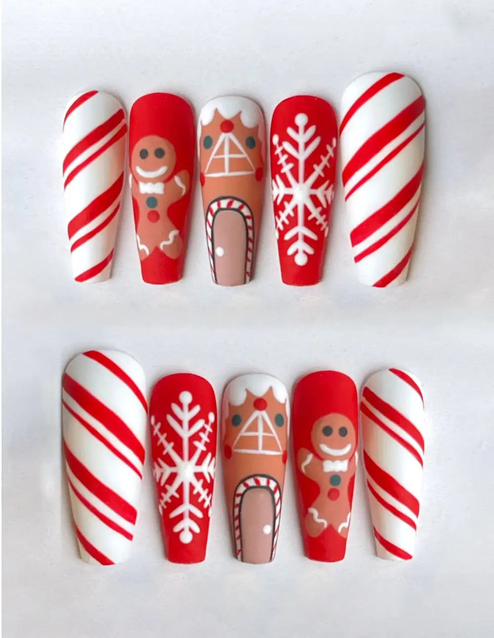 Christmas Themed Press On Nails - Gingerbread Candy Canes Snowflake Red & White Design