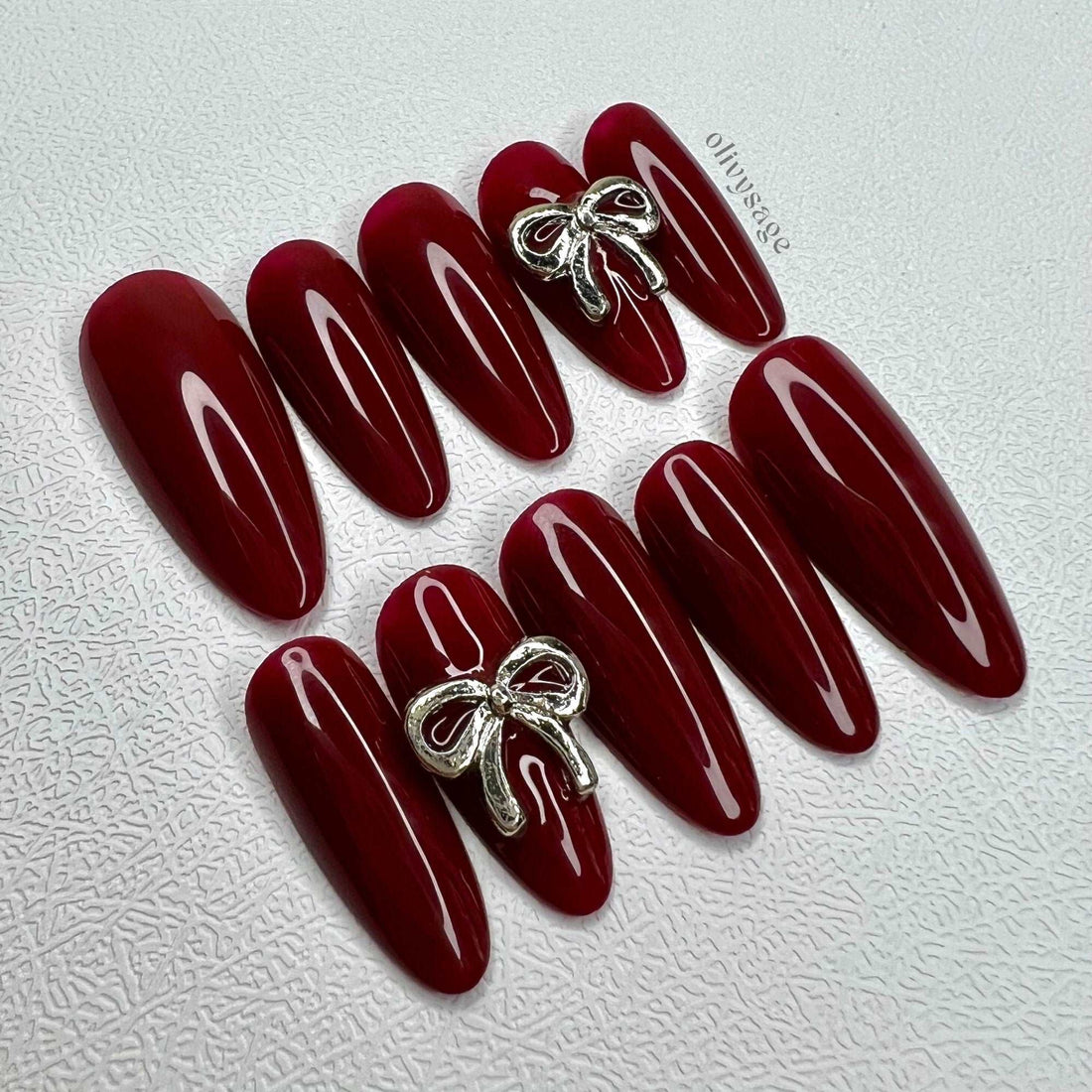 Customizable Solid Color Wine Red Coquette Bow Almond Red Fake Nails