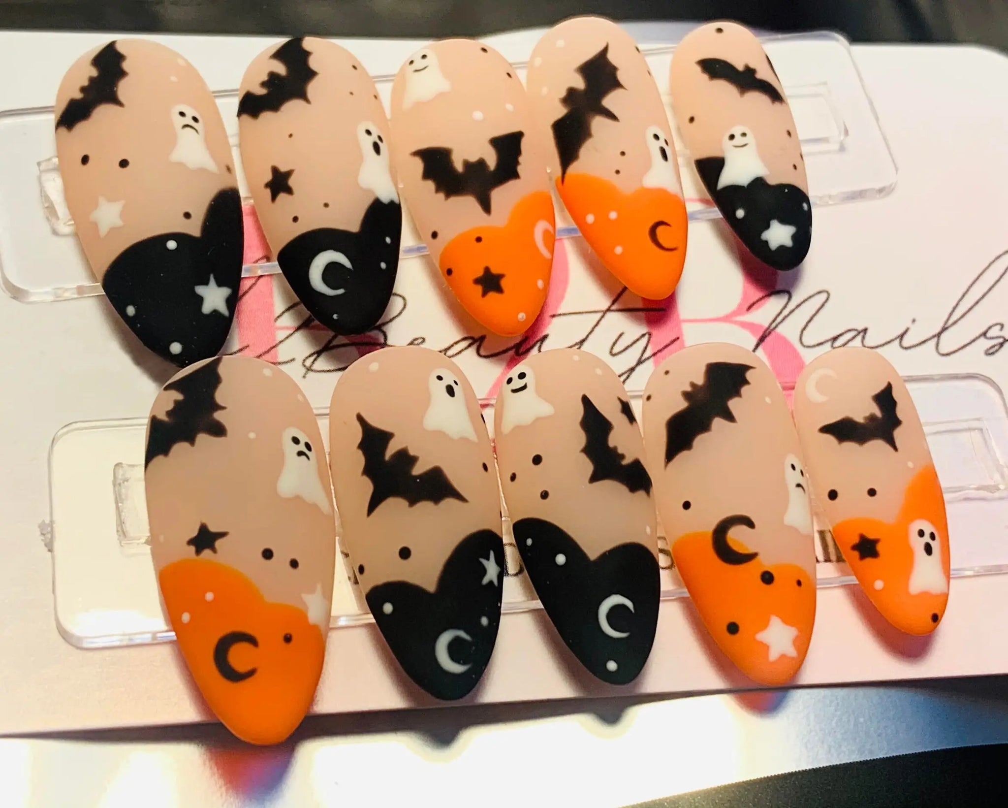 Cute Halloween-themed Press on Nails - Ghosts Bats Black Orange Fingernails