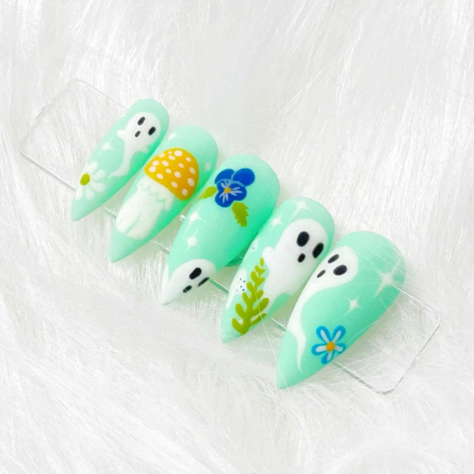 Boo Cute Halloween Ghost Press on Nails - Short Classy Green Fingernails