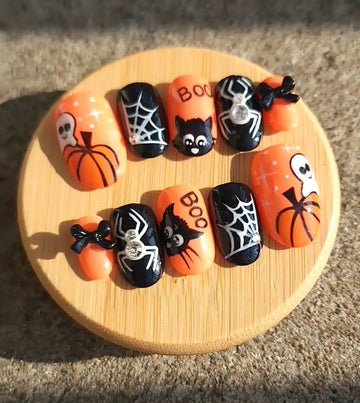 Cute Spider Ghost Boo Halloween Nails - Orange & Black Handpainted Fingernails