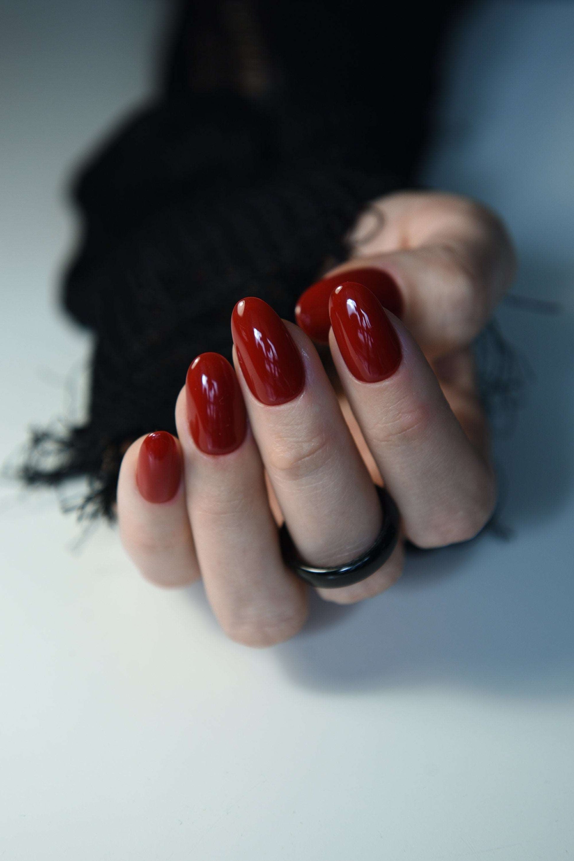 Glossy Deep Red Autumn Fall Almond Red Nails - Custom Handmade Fake Nails