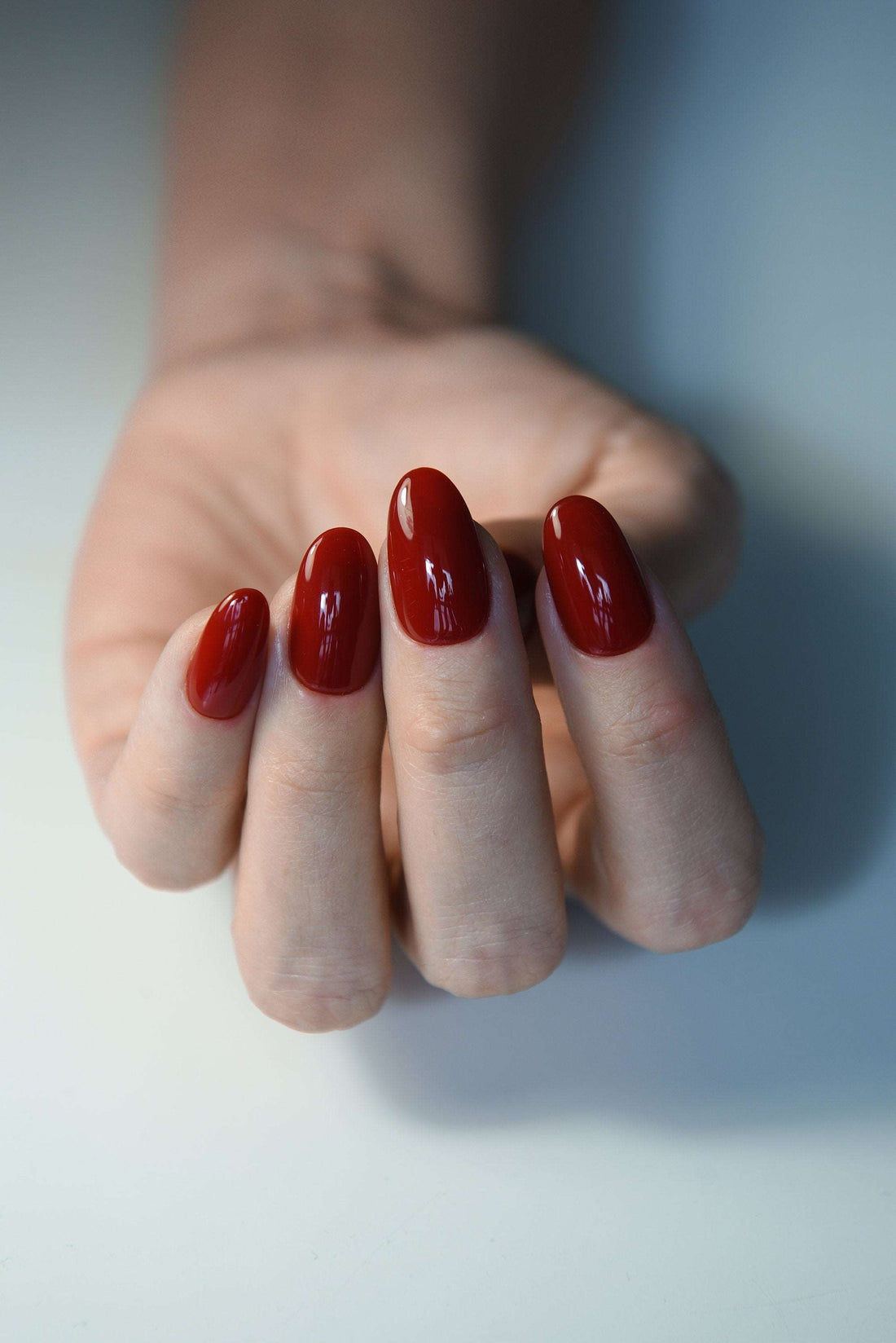 Glossy Deep Red Autumn Fall Almond Red Nails - Custom Handmade Fake Nails