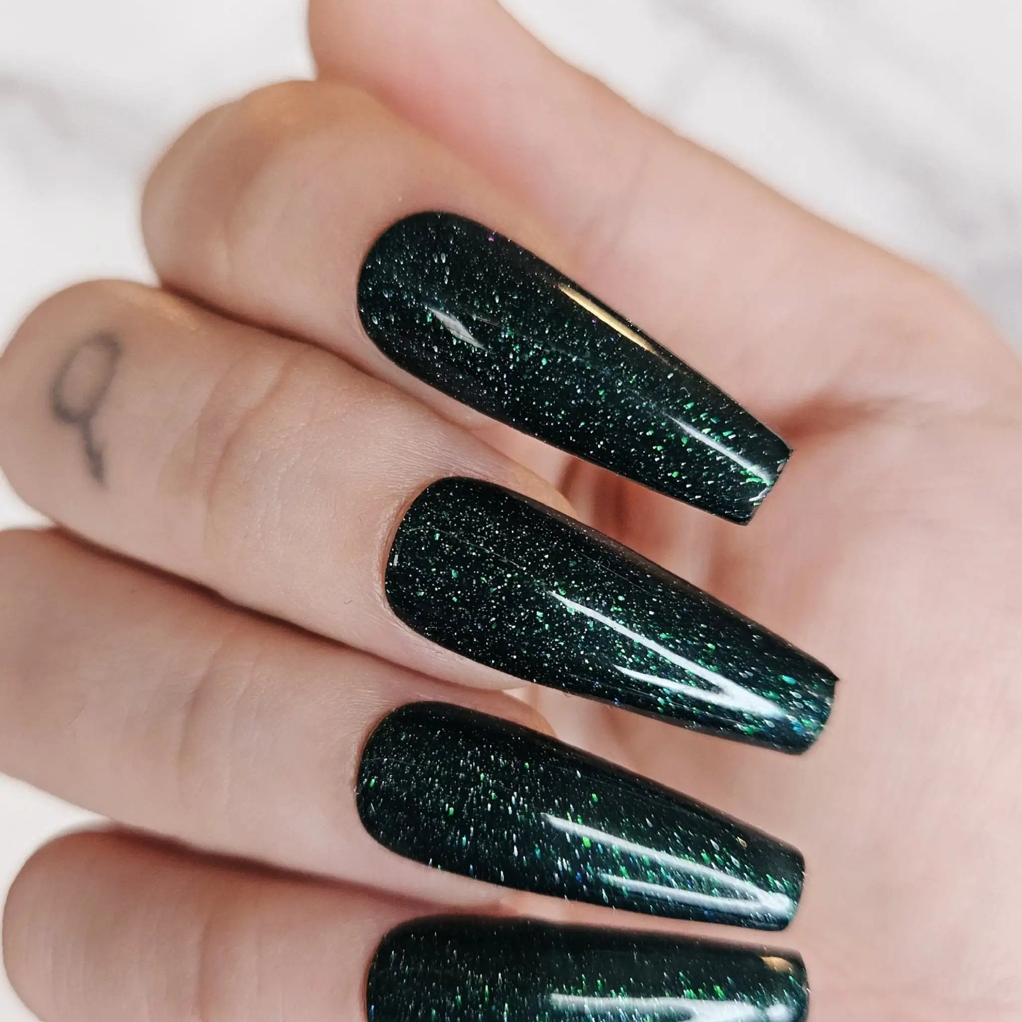 Dark Green Glitter Glossy Handmade Press on Nails - Luxury Reusable Fingernails