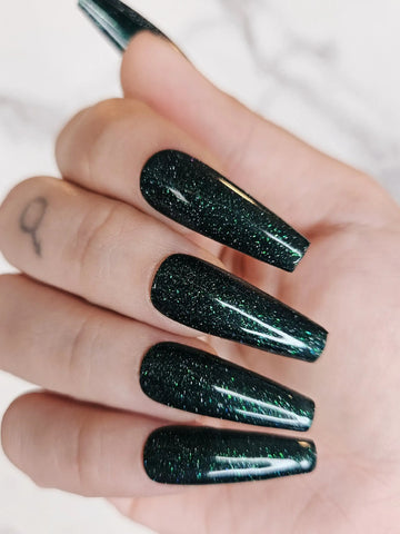 Dark Green Glitter Glossy Handmade Press on Nails - Luxury Reusable Fingernails