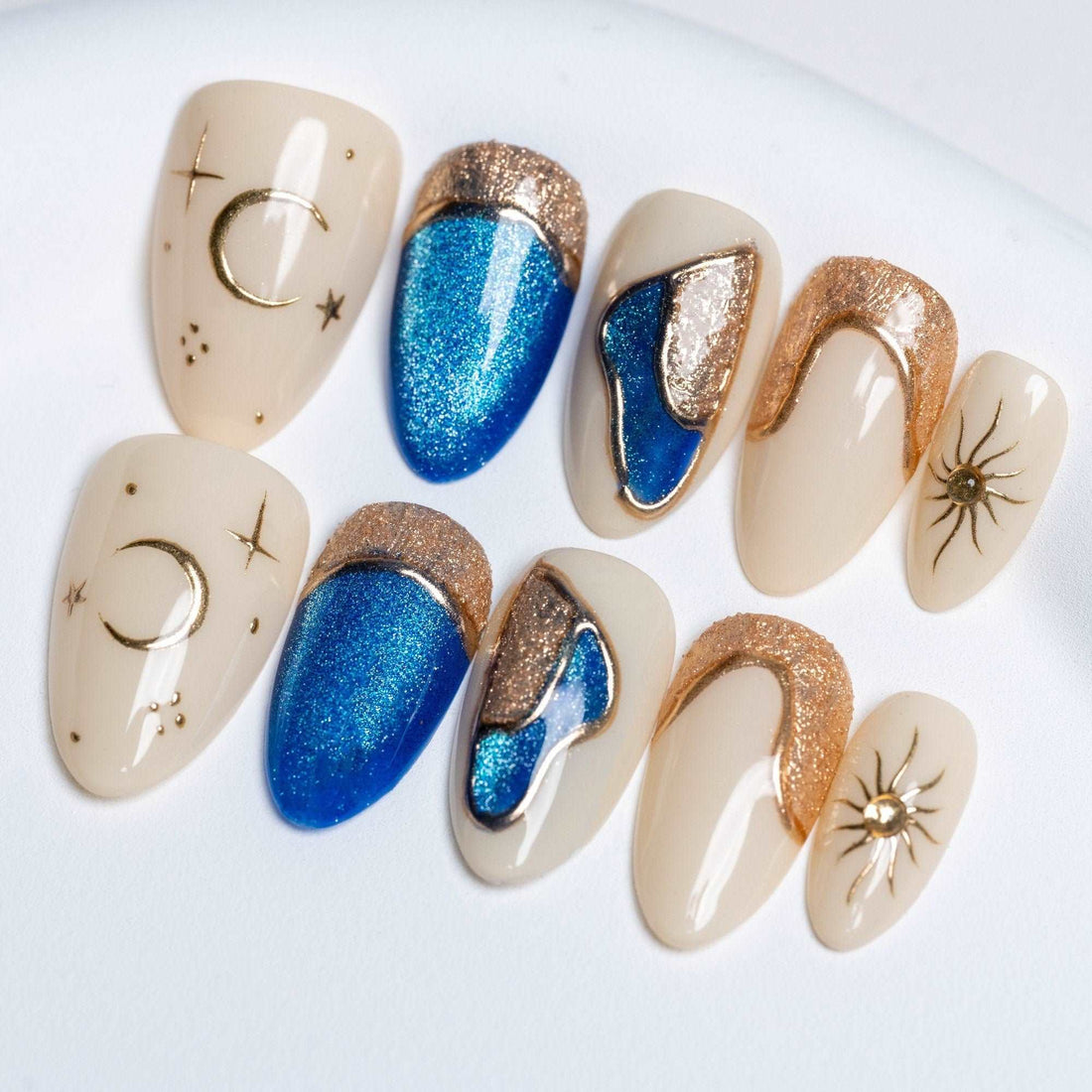 Blue Gold 3D Cat Eye Handmade Press on Nails