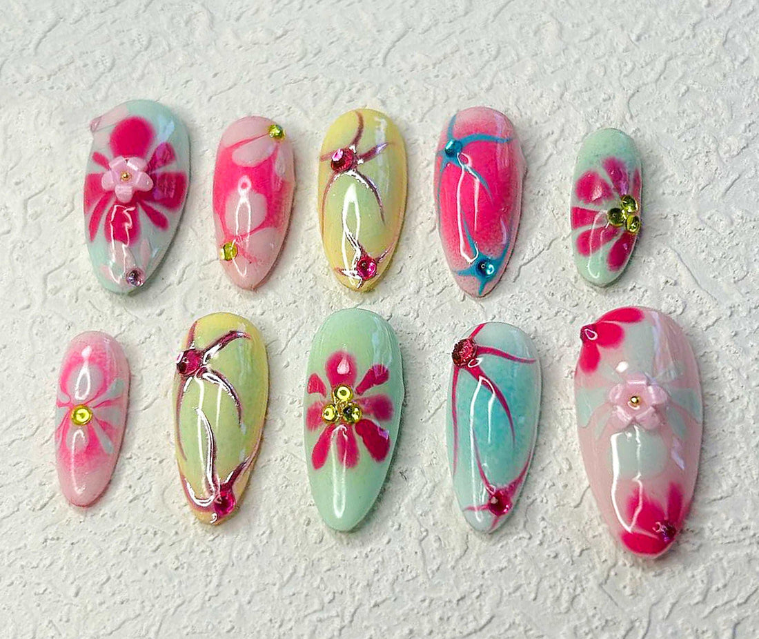 Blooming Flowers Handmade Press On Nails - Summer Colorful Design