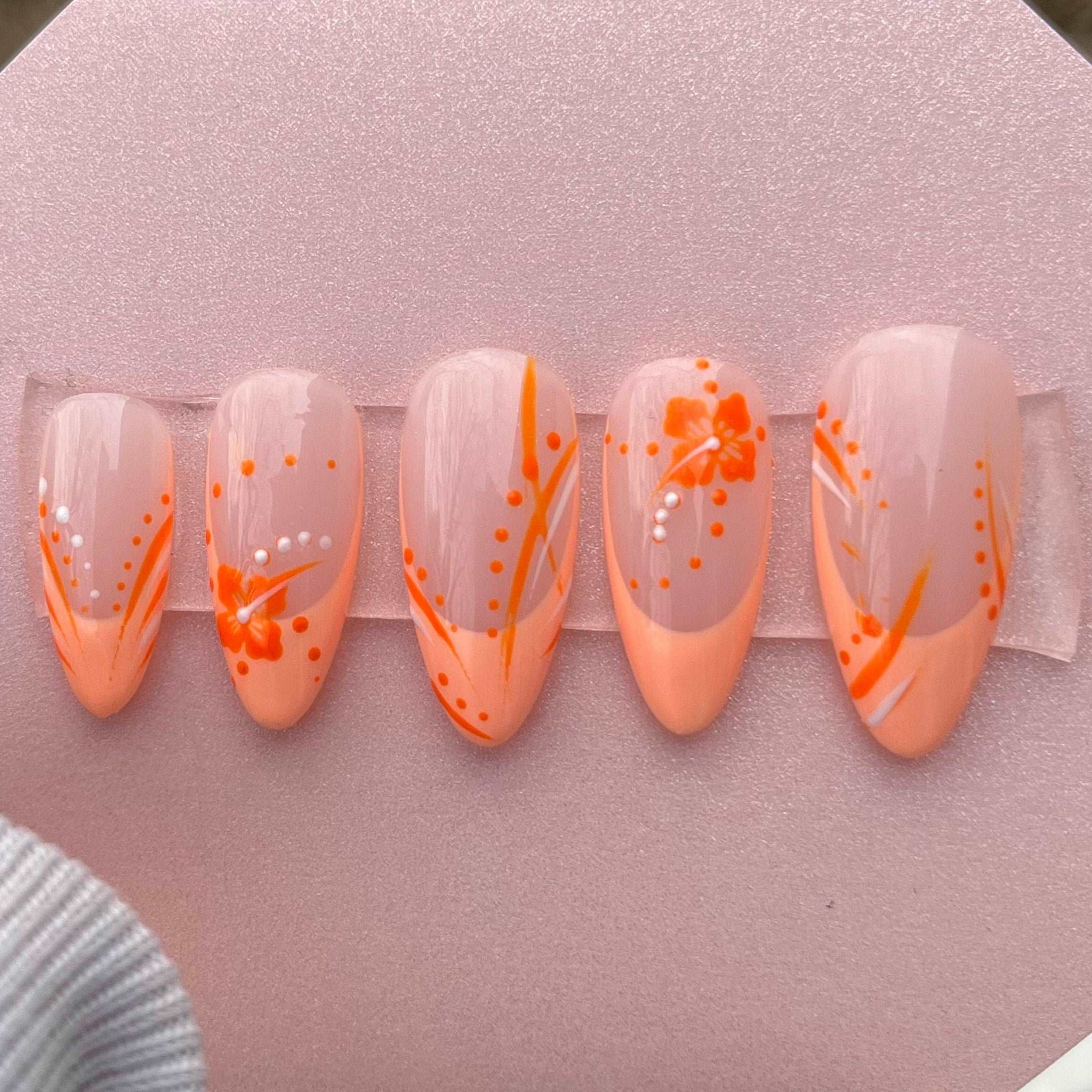 Almond Peach Orange Hawaiian Flowers Handmade Press on Nails