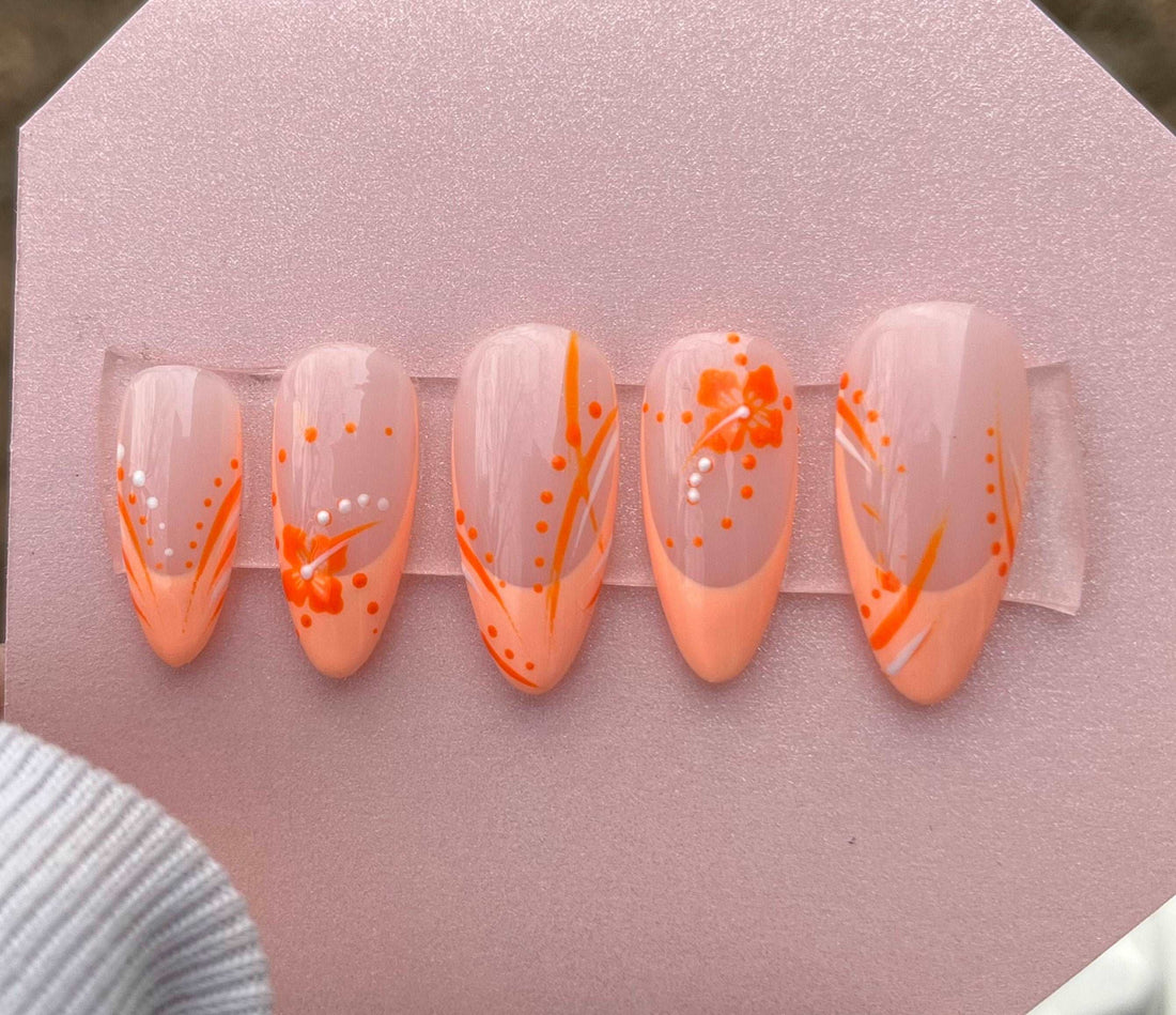 Almond Peach Orange Hawaiian Flowers Handmade Press on Nails