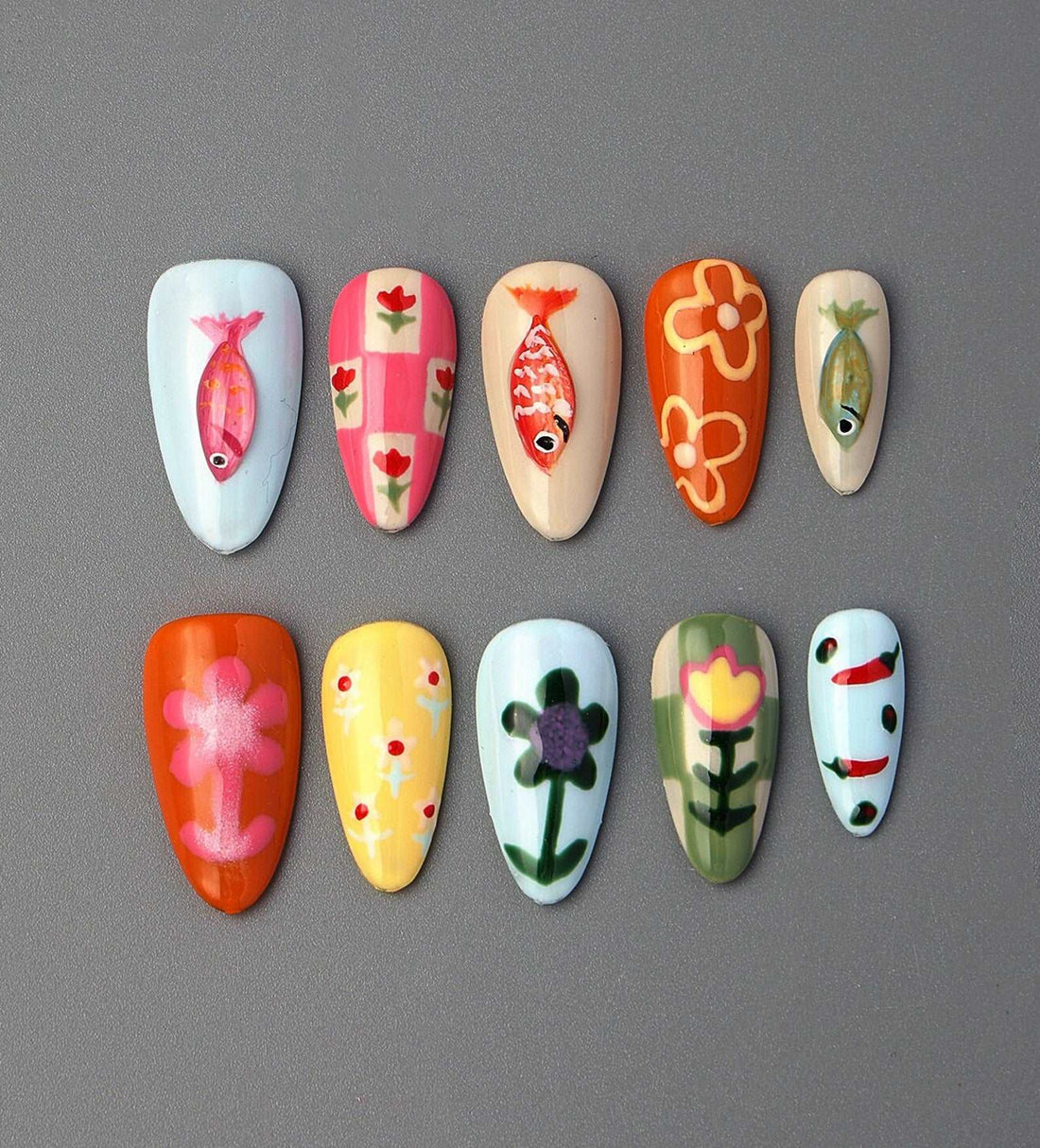 Colorful 3D Fish and Flowers Custom Press on Nails