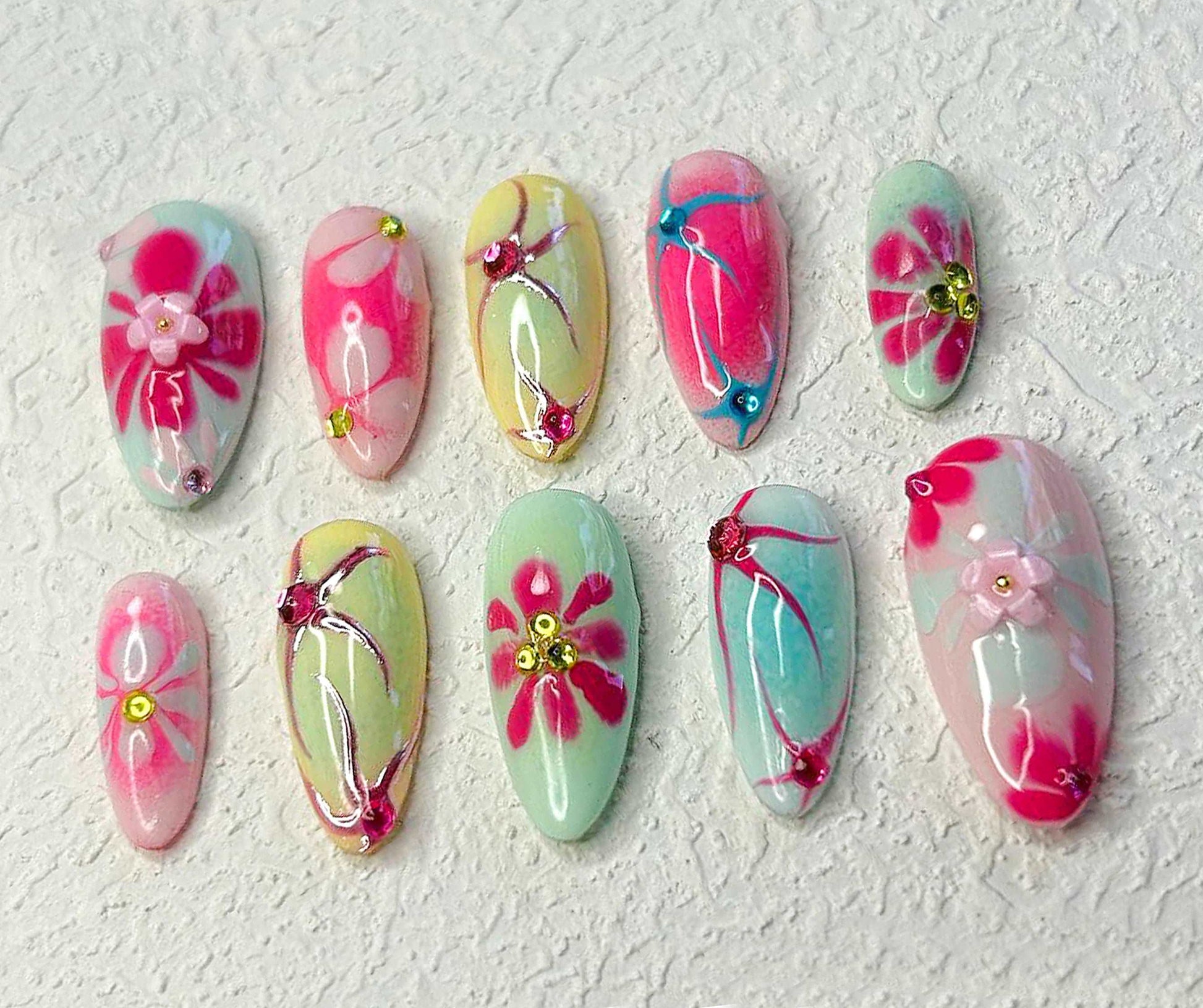 Blooming Flowers Handmade Press On Nails - Summer Colorful Design