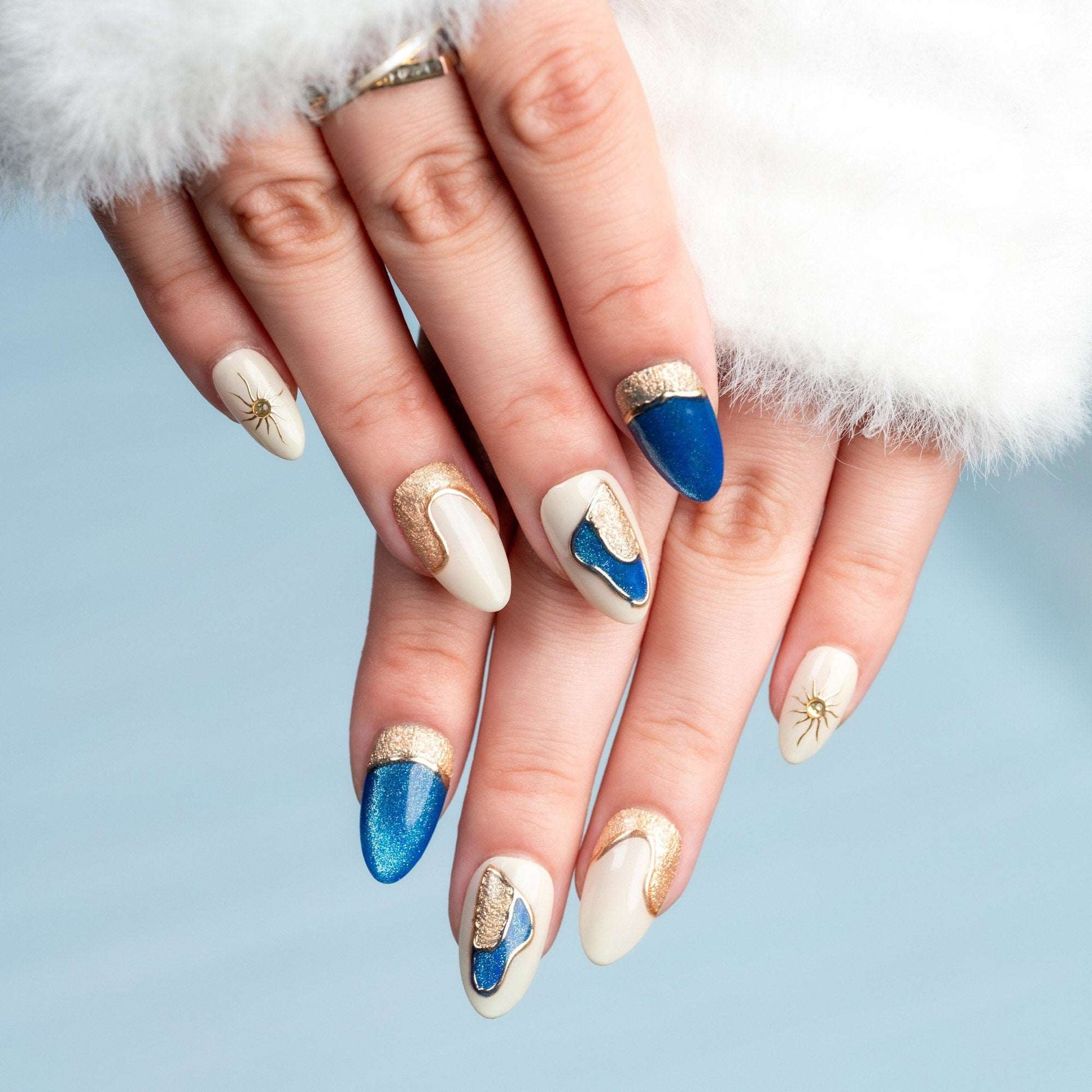 Blue Gold 3D Cat Eye Handmade Press on Nails